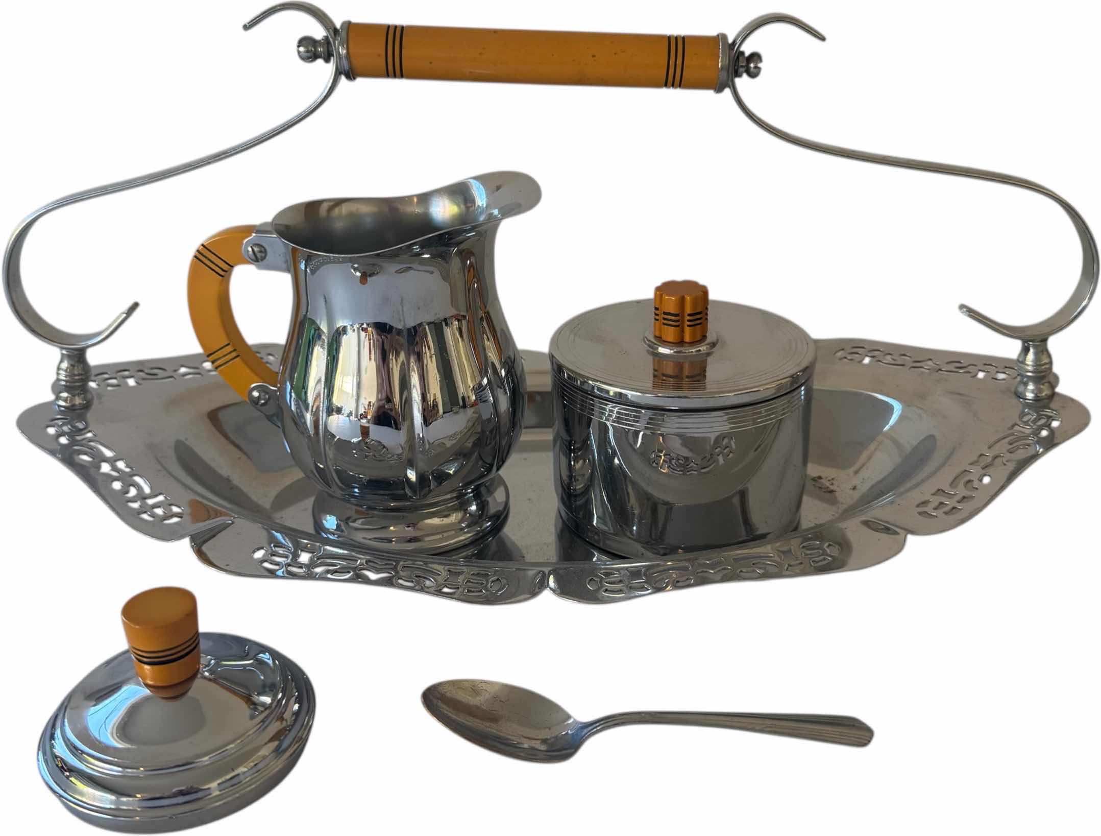 Photo 1 of VINTAGE KROME KRAFT SUGAR BOWL AND CREAMER SET SILVER TONE TRAY SIZE L13.25” X H6”