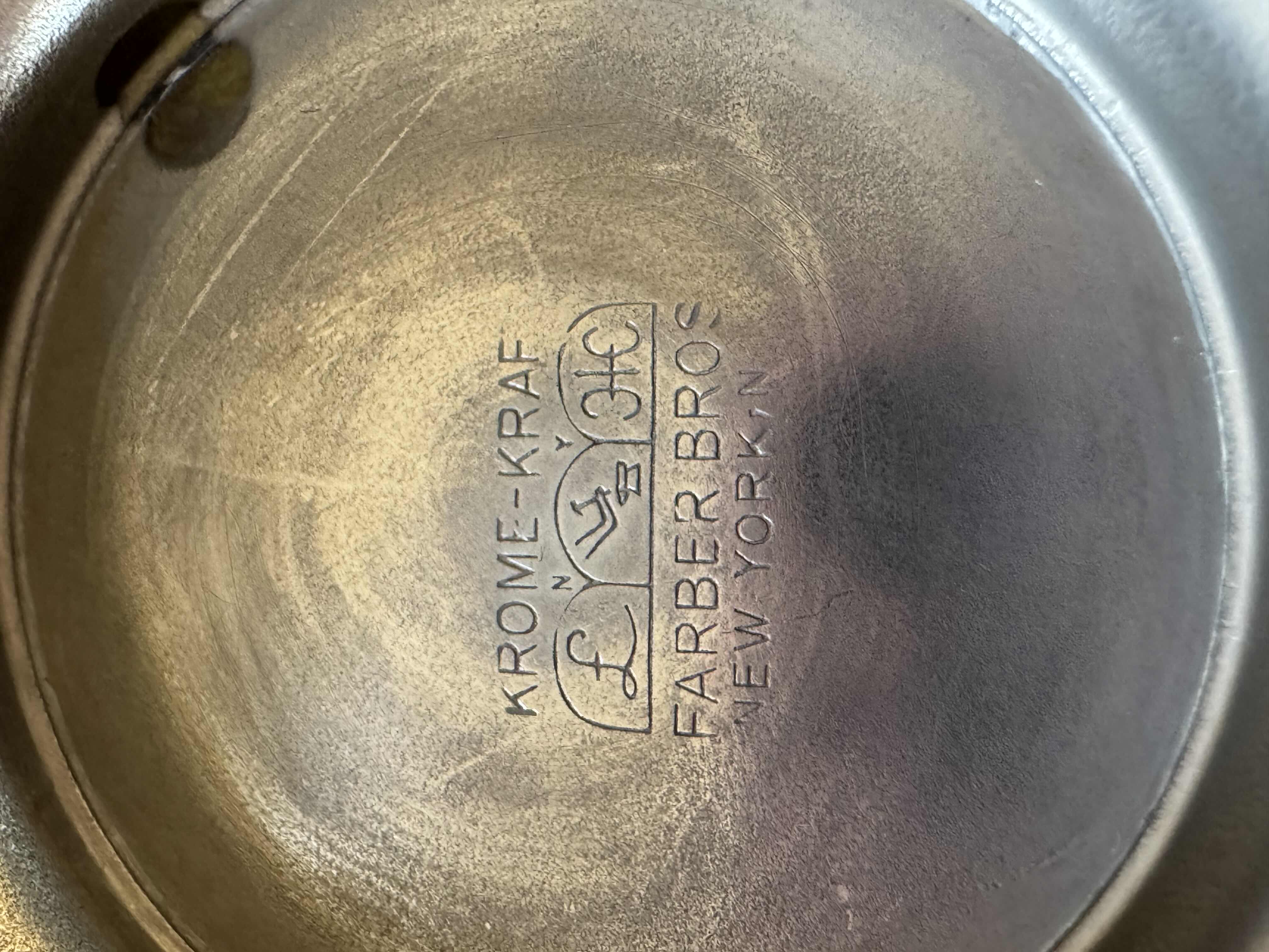 Photo 1 of VINTAGE KROME KRAFT SUGAR BOWL AND CREAMER SET SILVER TONE TRAY SIZE D12” X H6”