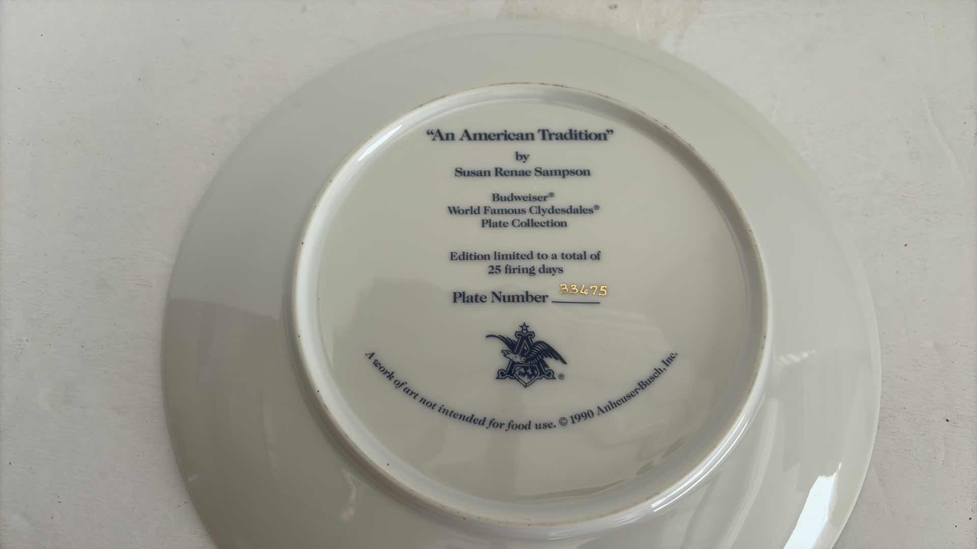 Photo 1 of BUDWEISER COMMEMORATIVE “AMERICAN TRADITION “PLATE COA