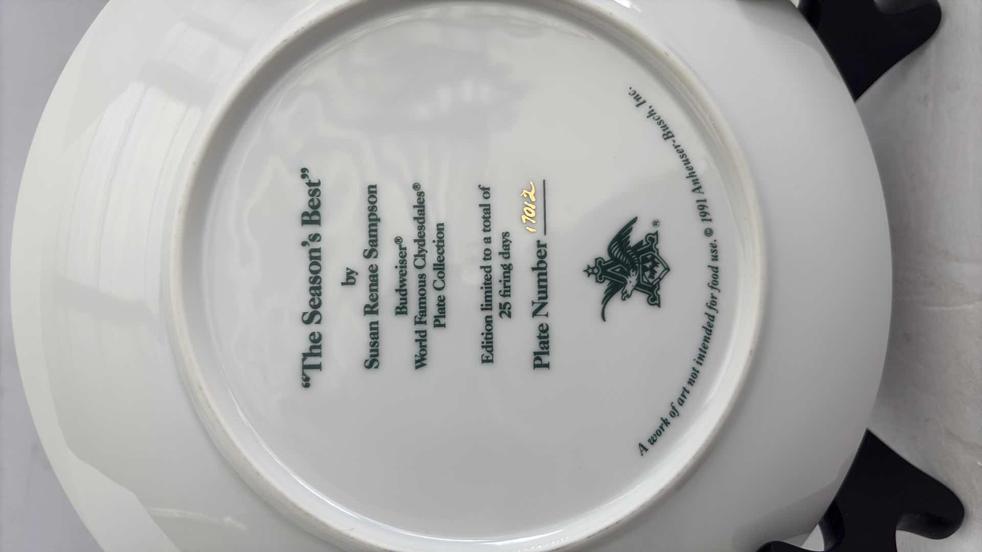 Photo 1 of ANHEUSER BUSCH COMMEMORATIVE “THE SEASONS BEST”PLATE COA