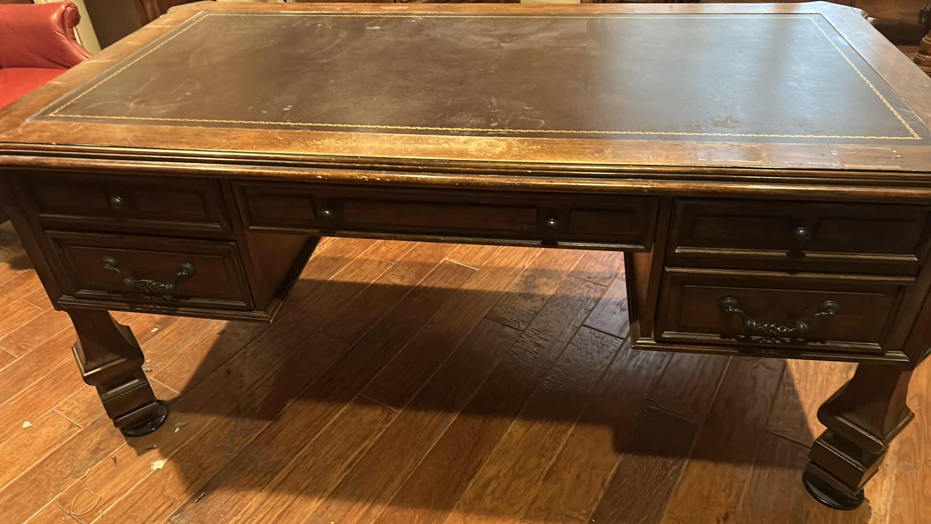 Photo 1 of HICKORY WHITE GRAND MAHOGANY PARTNERS DESK W TOOLED LEATHER TOP 64" X 35"