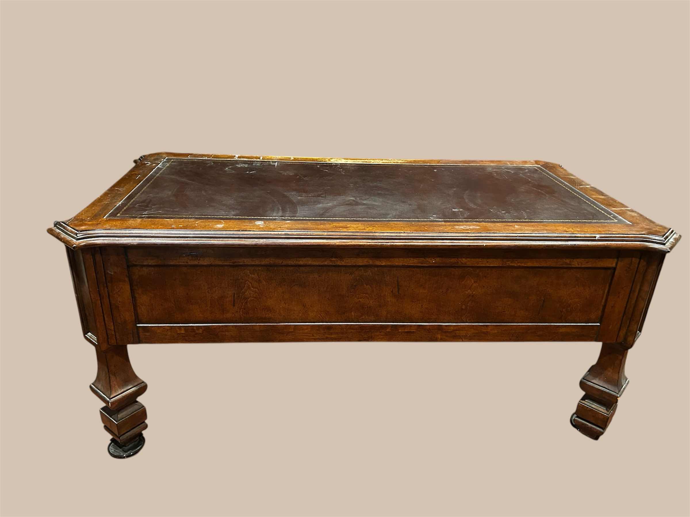 Photo 1 of HICKORY WHITE GRAND MAHOGANY PARTNERS DESK W TOOLED LEATHER TOP 64" X 35"