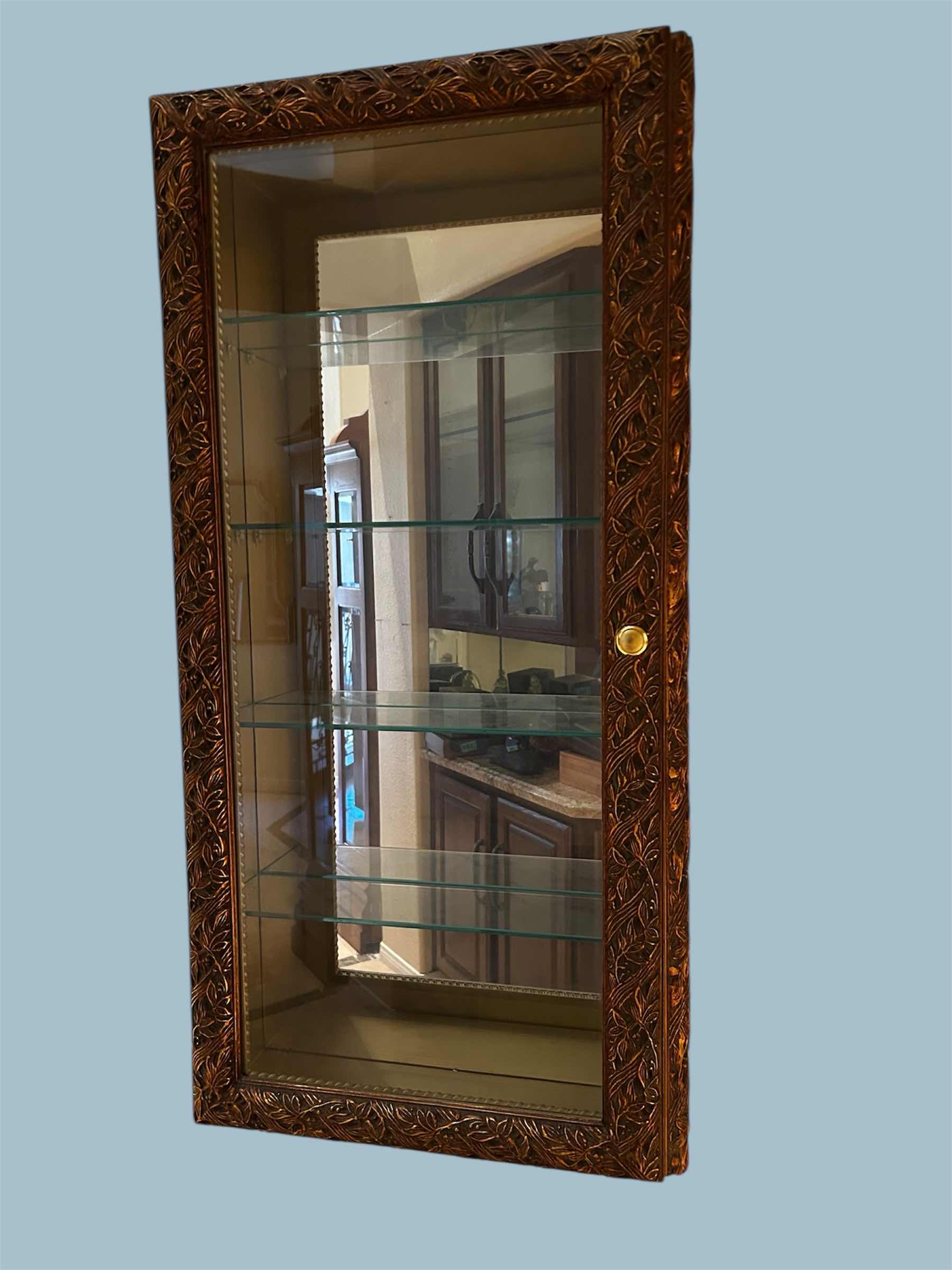 Photo 1 of BEVELED GLASS CURIO DISPLAY CABINET GOLD LEAF DESIGN W MIRRORED BACK PANEL 18" X 35"