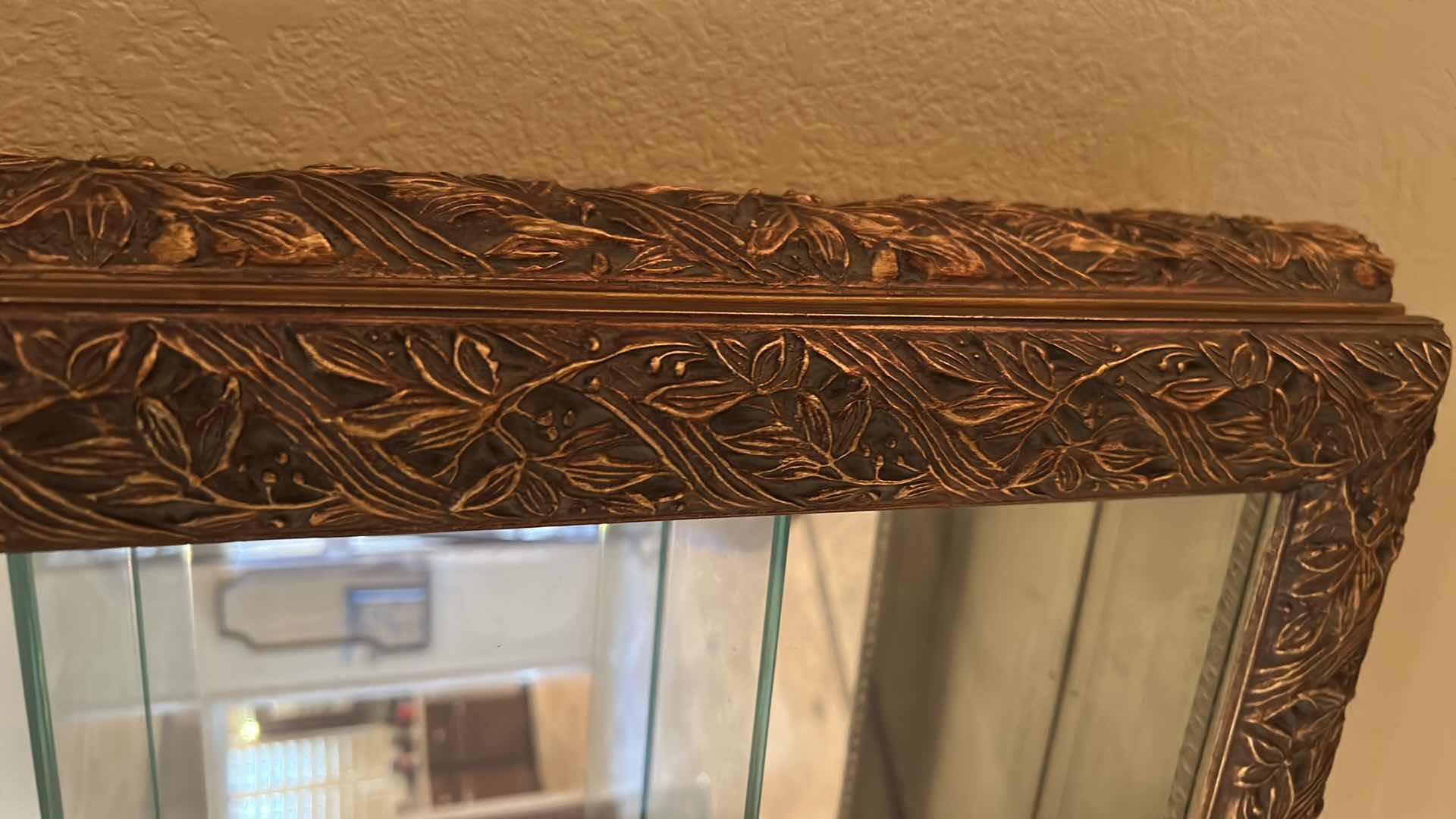 Photo 1 of BEVELED GLASS CURIO DISPLAY CABINET GOLD LEAF DESIGN W MIRRORED BACK PANEL 18" X 35"
