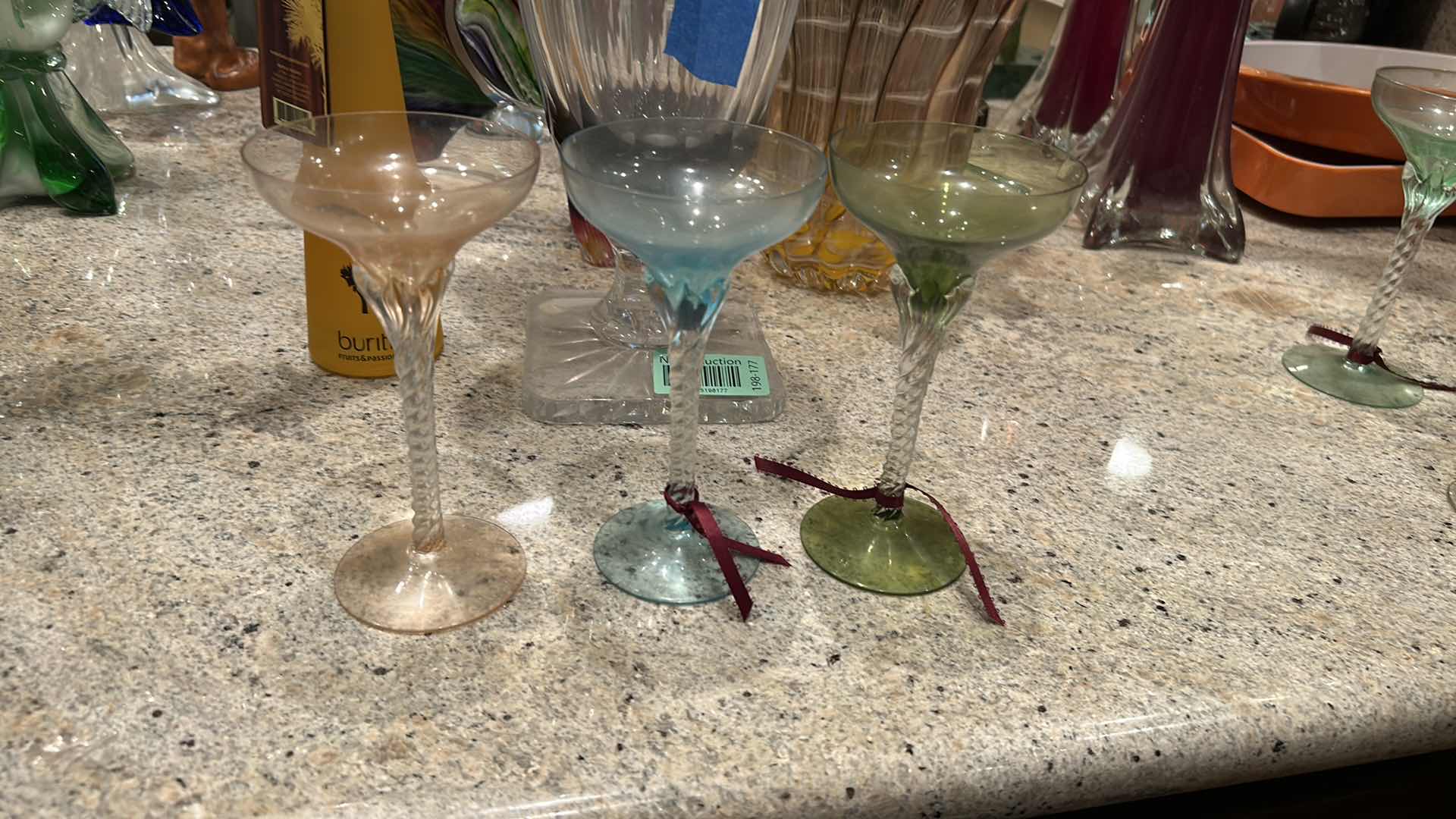 Photo 1 of 3- VINTAGE TWISTED HAND BLOWN STEM GREEN BLUE PINK