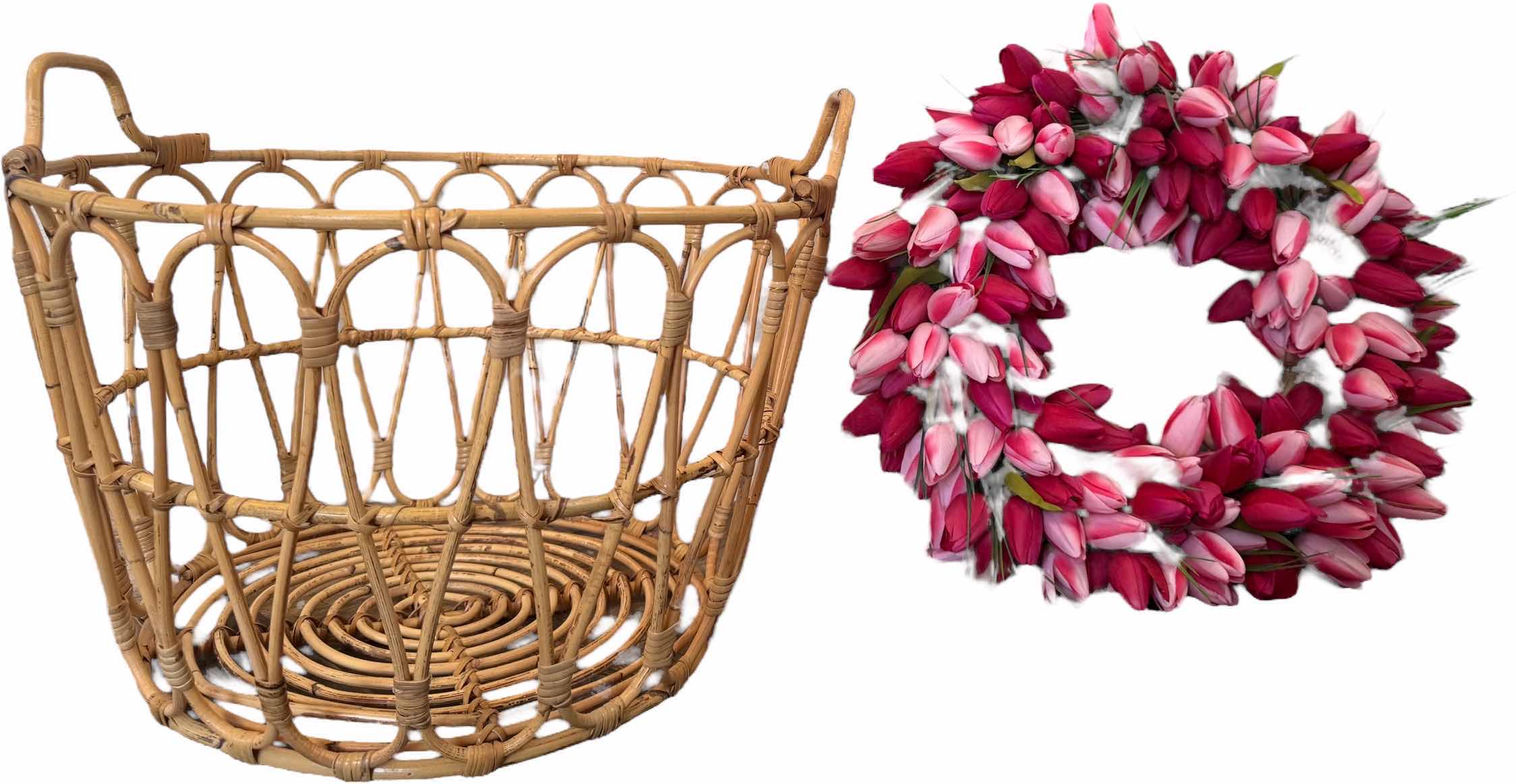 Photo 1 of RED & PINK TULIP WREATH, RATTAN BASKET