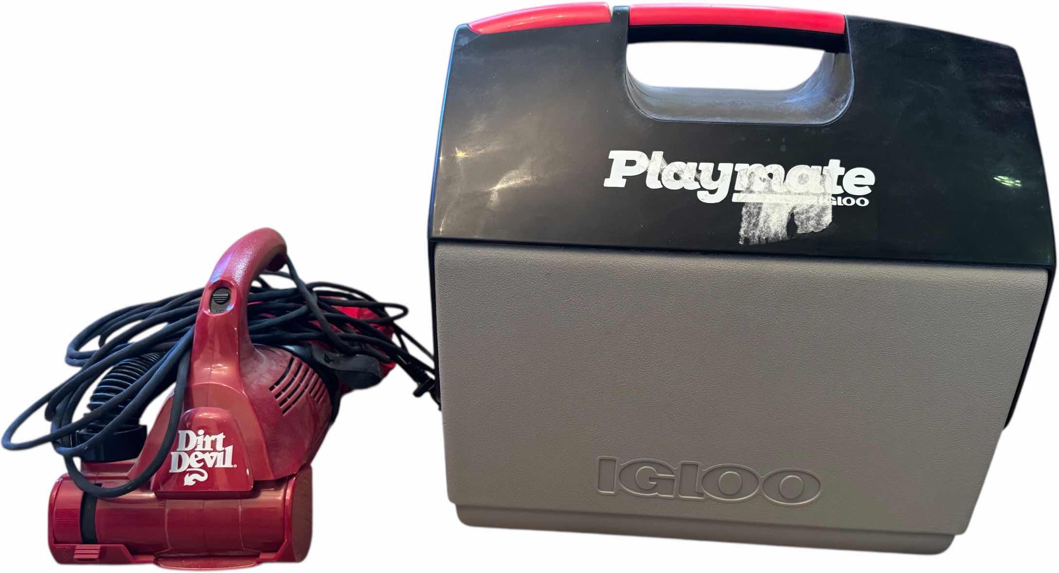 Photo 1 of VINTAGE DIRT DEVIL HANDHELD VACUUM, PLAYMATE IGLOO COOLER

