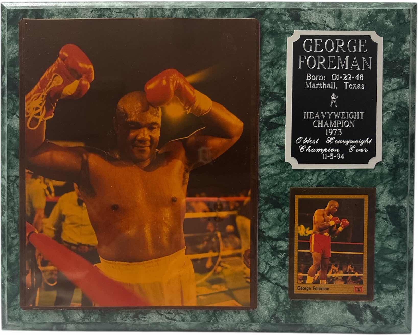 Photo 1 of VINTAGE GEORGE FOREMAN WOODEN WALL PLAQUE PICTURE AND CARD 
W15” X L12”