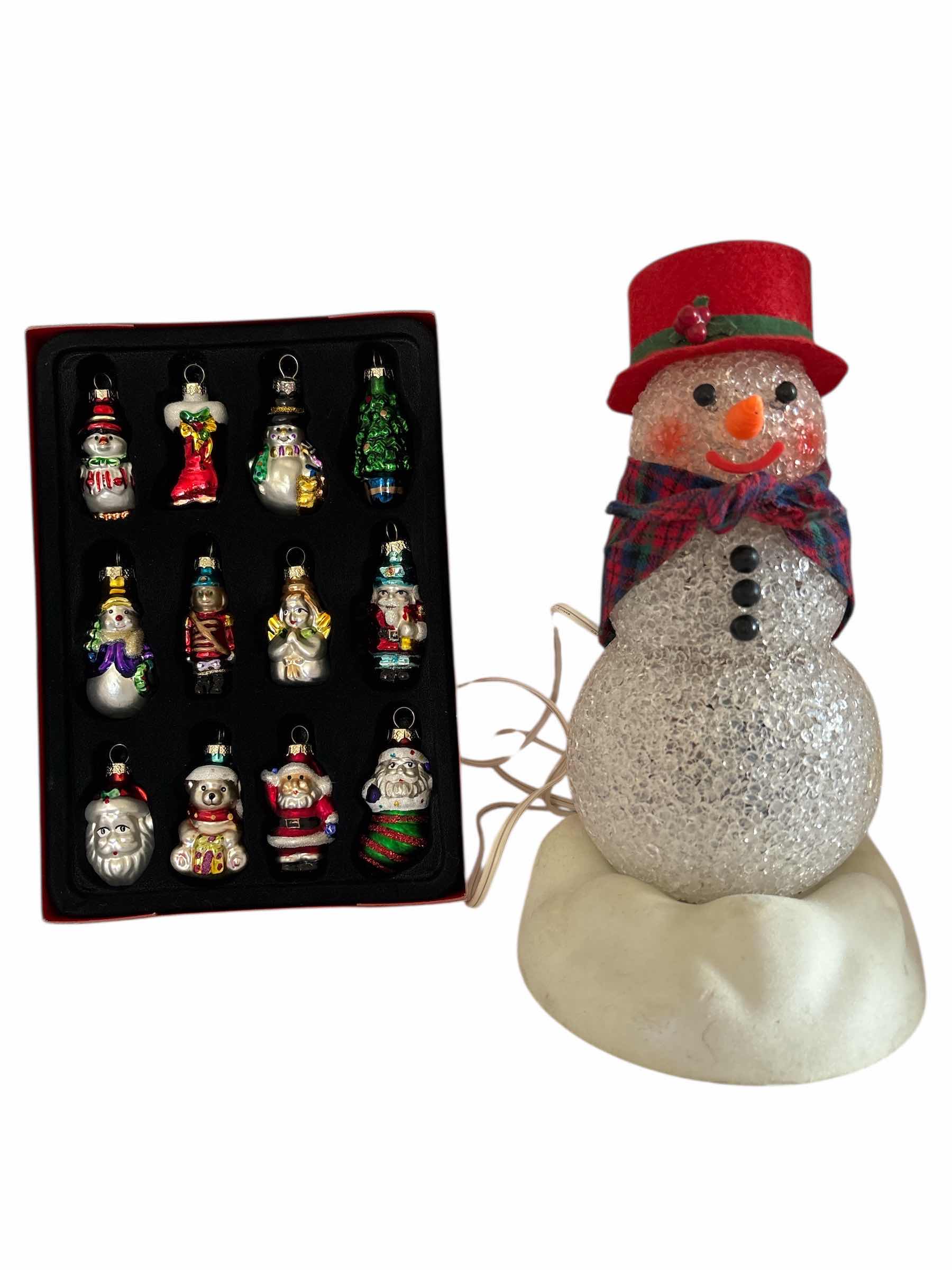 Photo 1 of (2)PCS AVON HAND BLOWN ORNAMENTS AND SNOWMAN LIGHT UP STATUE