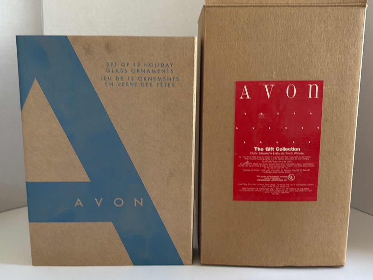 Photo 1 of (2)PCS AVON HAND BLOWN ORNAMENTS AND SNOWMAN LIGHT UP STATUE