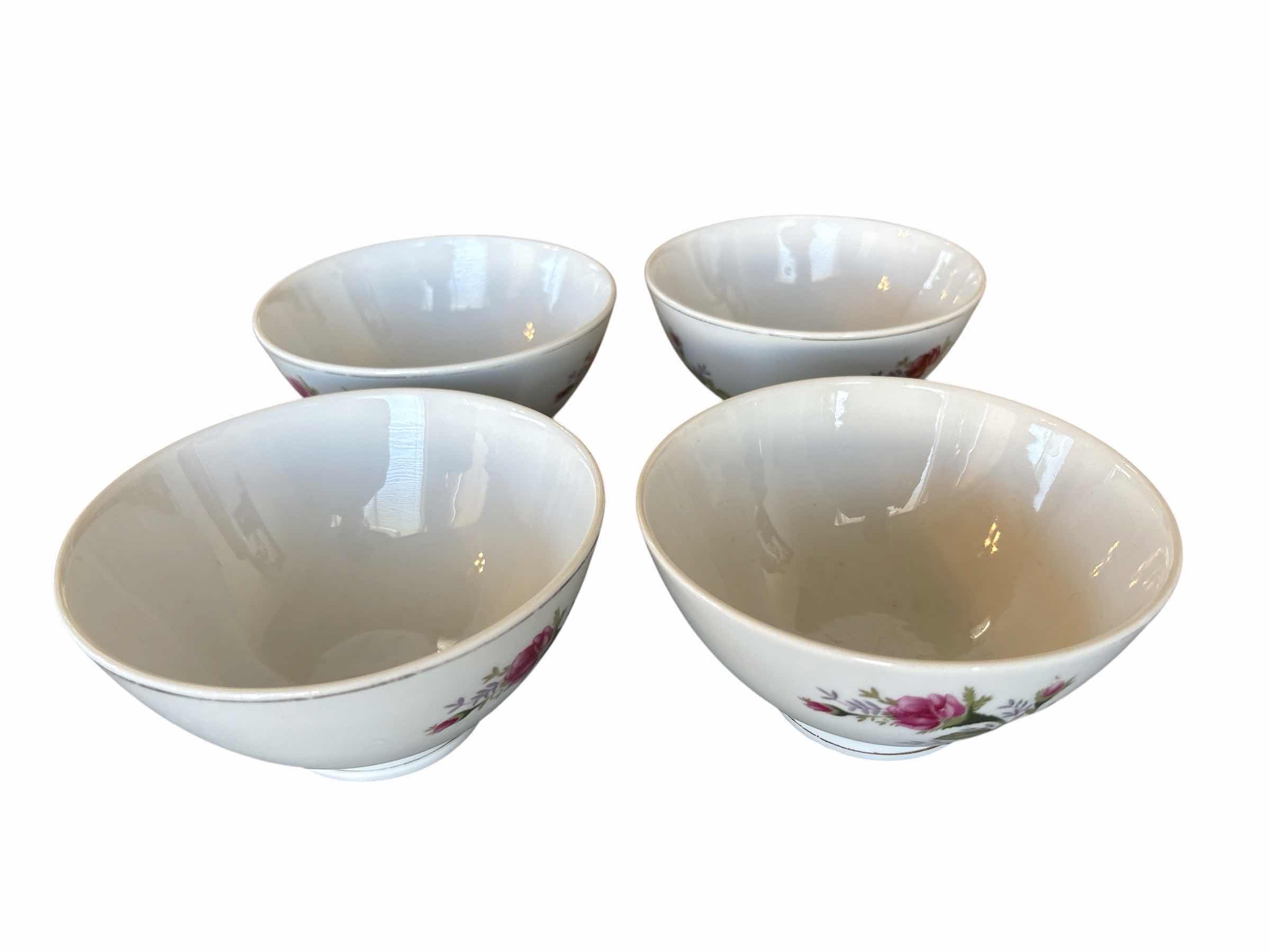 Photo 1 of (4)PCS PORCELAIN ROSE RICE BOWLS W GOLD TRIM 5”