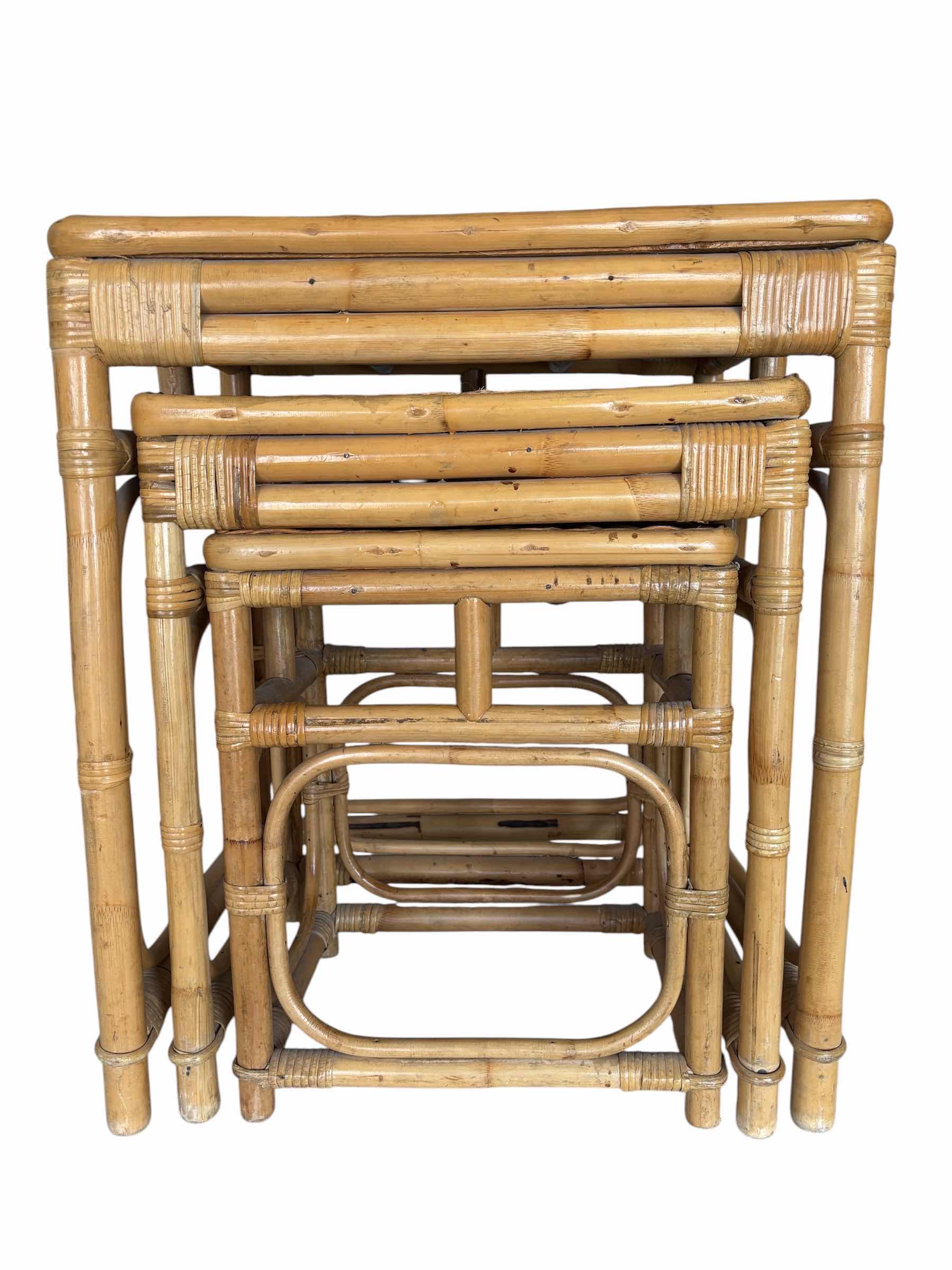 Photo 1 of VINTAGE BOHO STYLE RATTAN & BAMBOO NESTING TABLE SET (3) 23”H