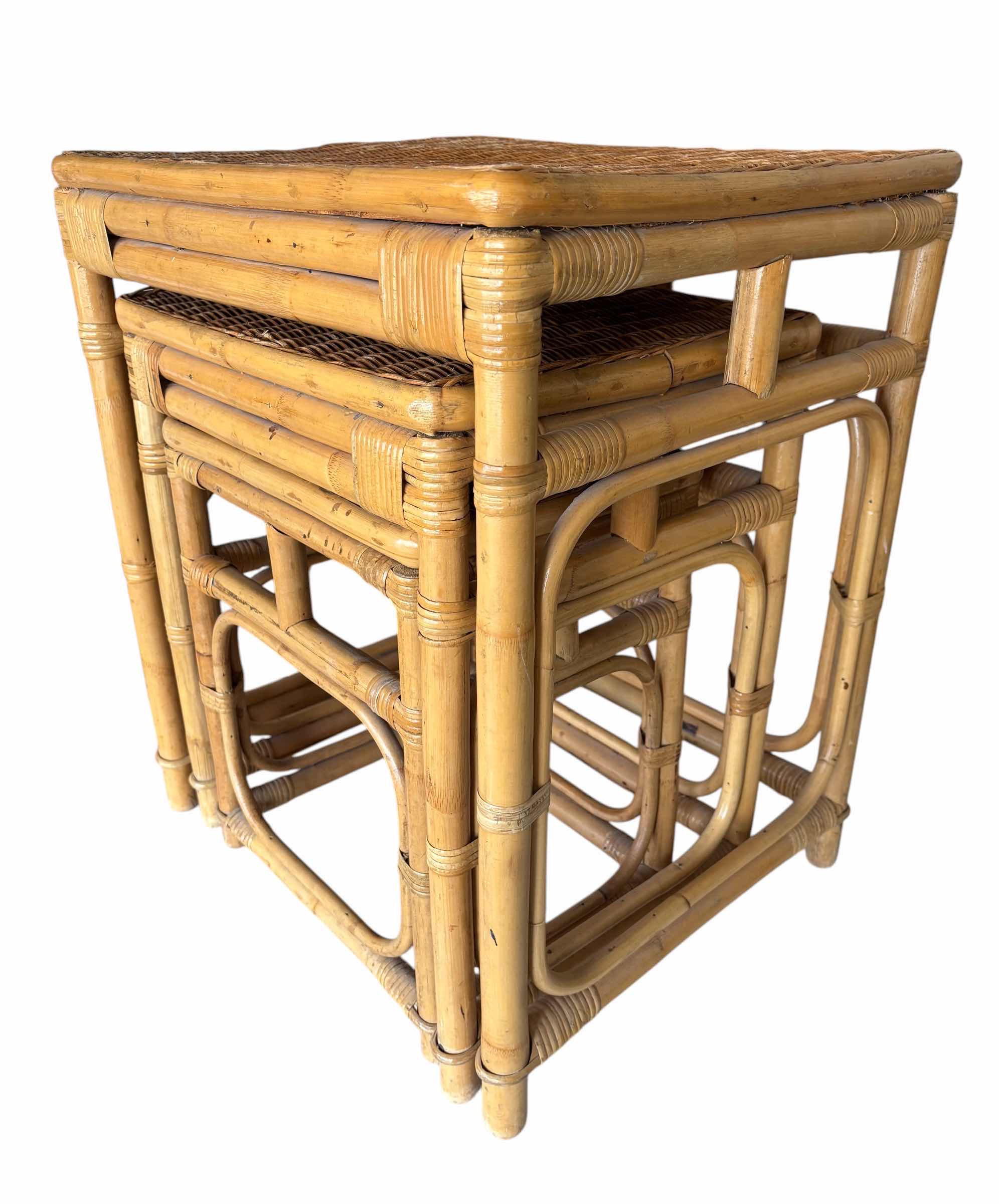 Photo 1 of VINTAGE BOHO STYLE RATTAN & BAMBOO NESTING TABLE SET (3) 23”H