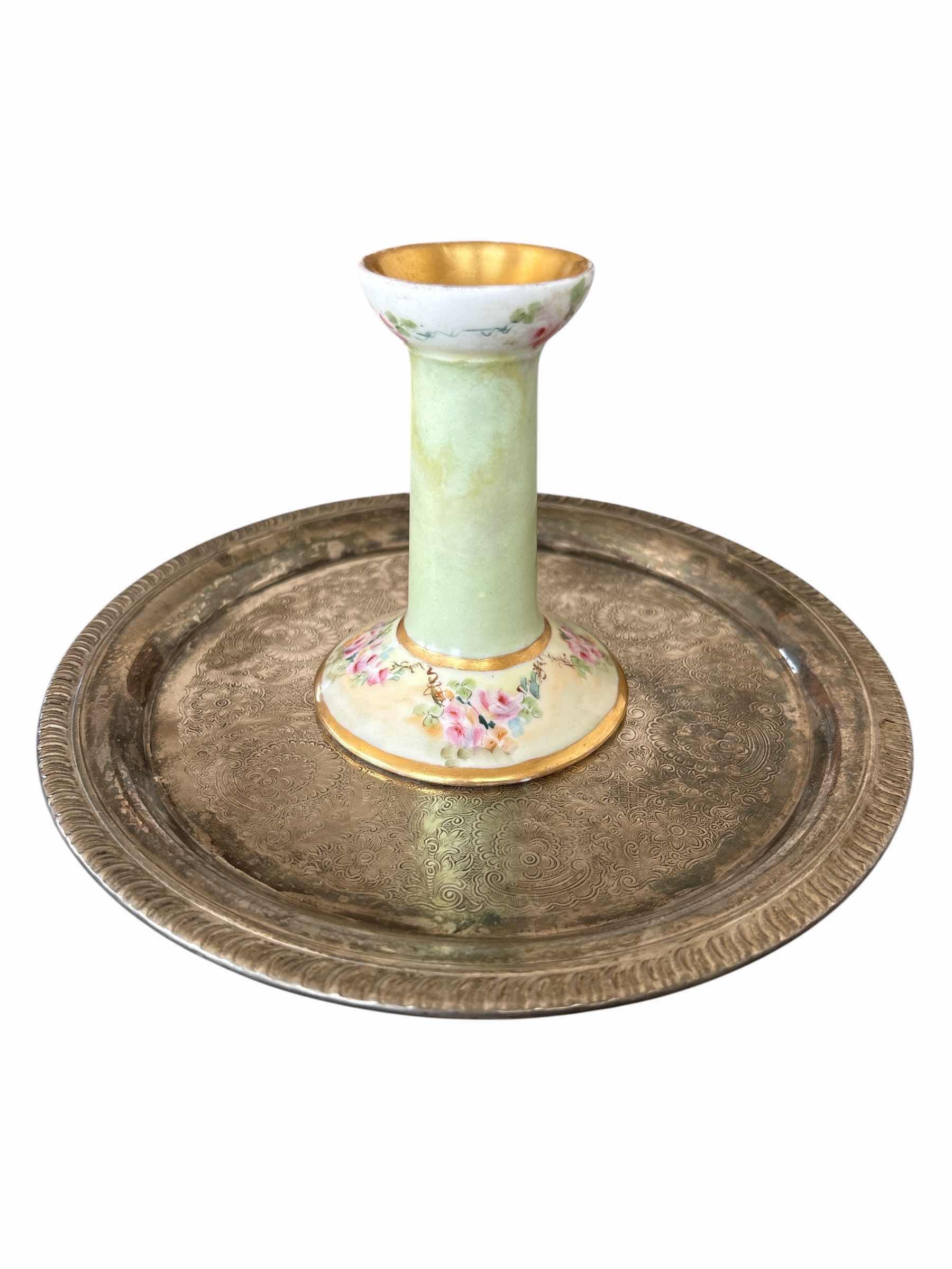 Photo 1 of ANTIQUE CANDLESTICK HOLDER ON TRAY H4.5”