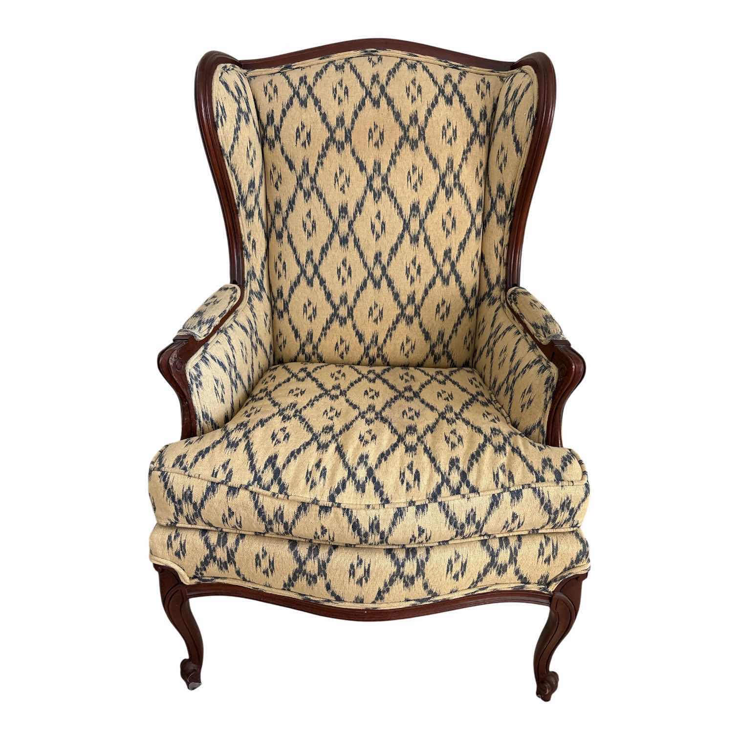 Photo 1 of VINTAGE FRENCH PROVINCIAL STYLE WINGBACK ARMCHAIR W/BLUE AND LIGHT BROWN UPHOLSTERY SEAT H19” TOTAL H41.5”
