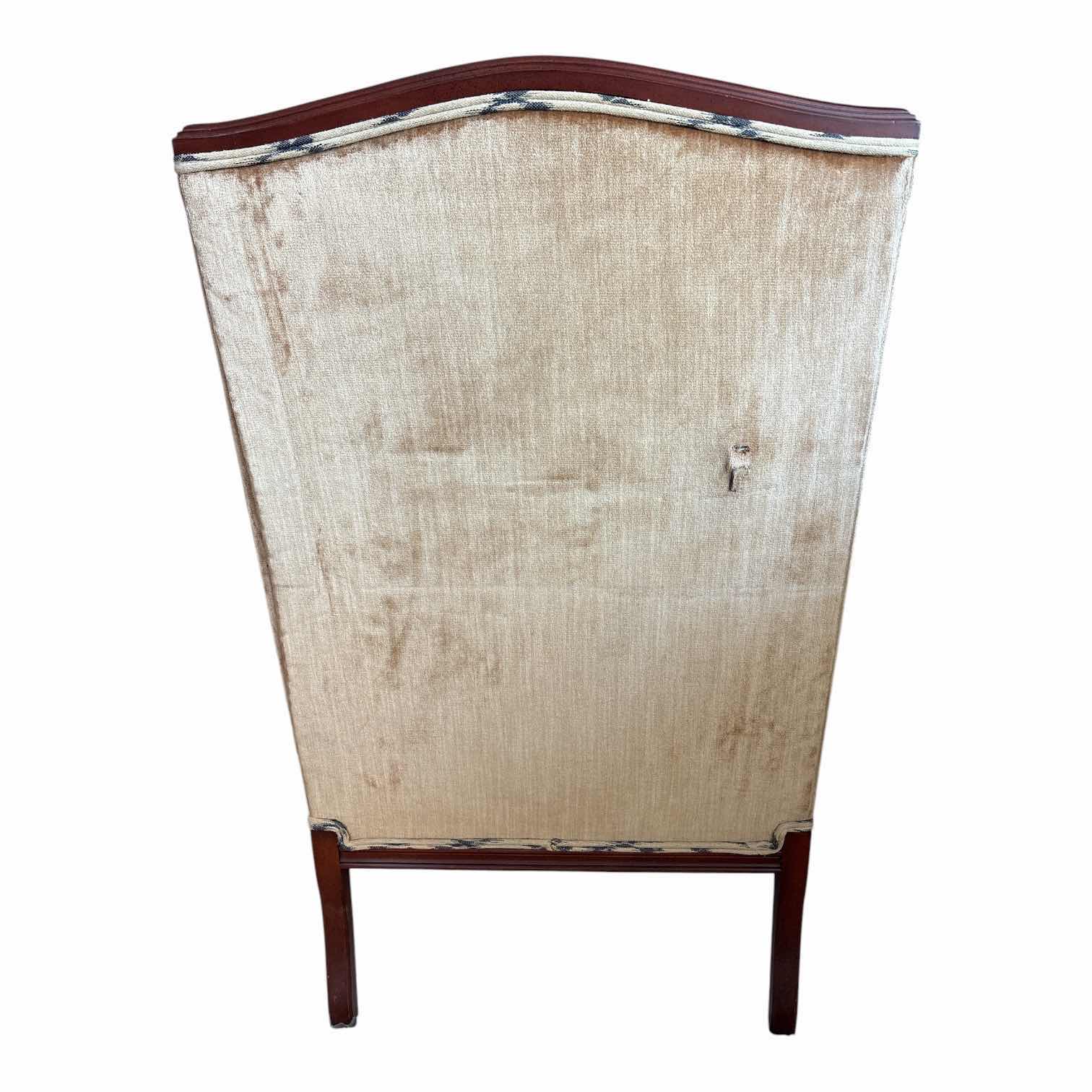 Photo 1 of VINTAGE FRENCH PROVINCIAL STYLE WINGBACK ARMCHAIR W/BLUE AND LIGHT BROWN UPHOLSTERY SEAT H19” TOTAL H41.5”