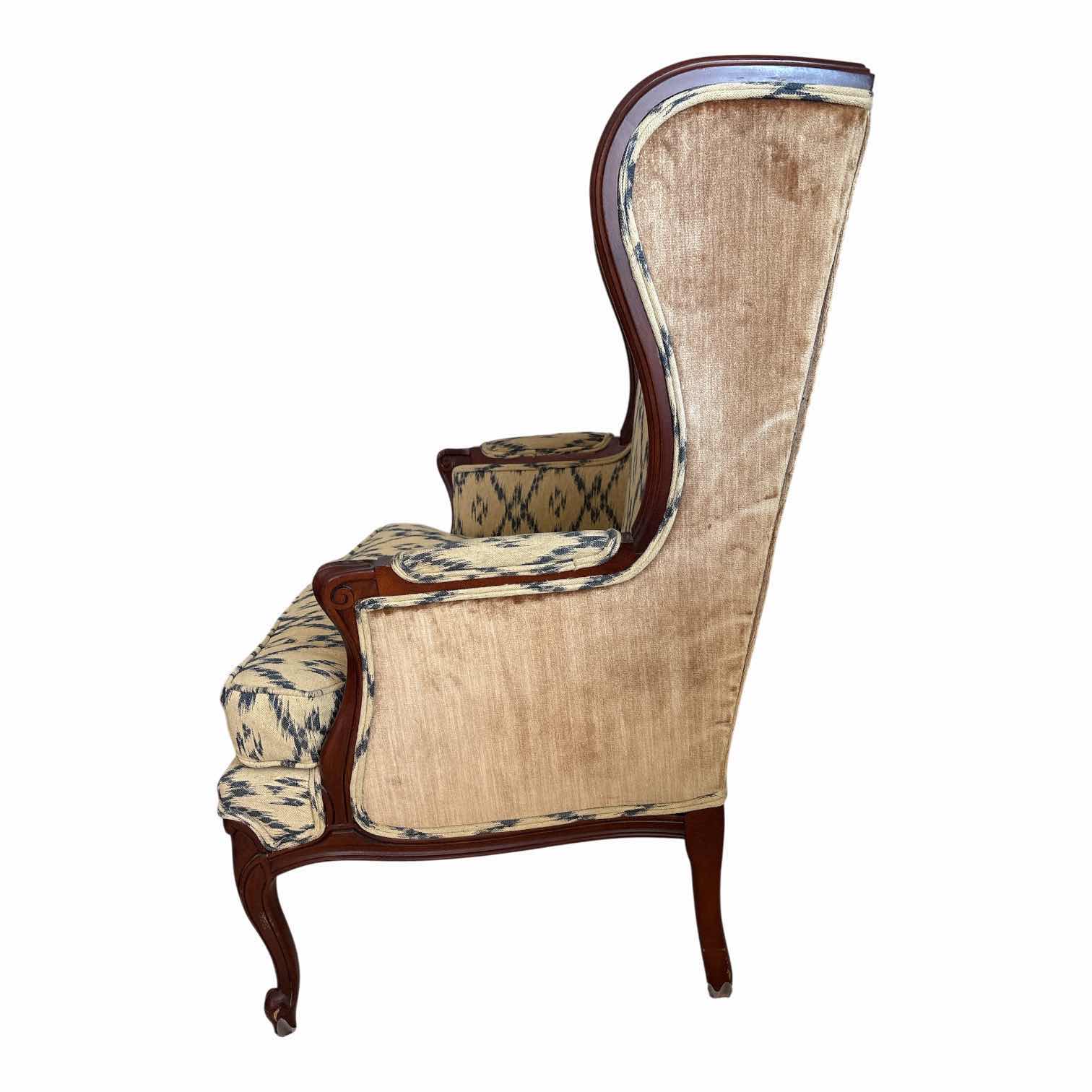 Photo 1 of VINTAGE FRENCH PROVINCIAL STYLE WINGBACK ARMCHAIR W/BLUE AND LIGHT BROWN UPHOLSTERY SEAT H19” TOTAL H41.5”
