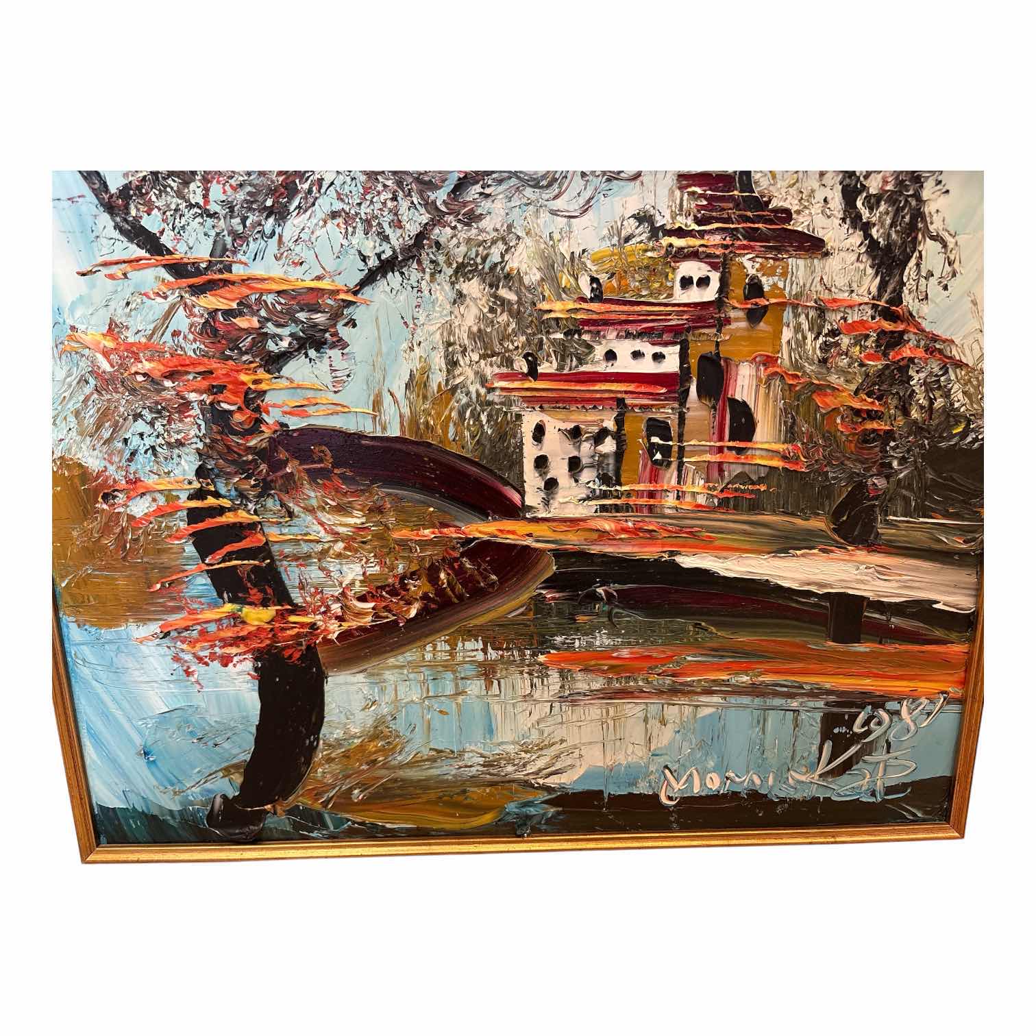 Photo 1 of VINTAGE FRAMED OIL PAINTING ASIAN INSPIRED IN GOLD FRAME SIGNED BY MORRIS KATZ 24”X20” $495