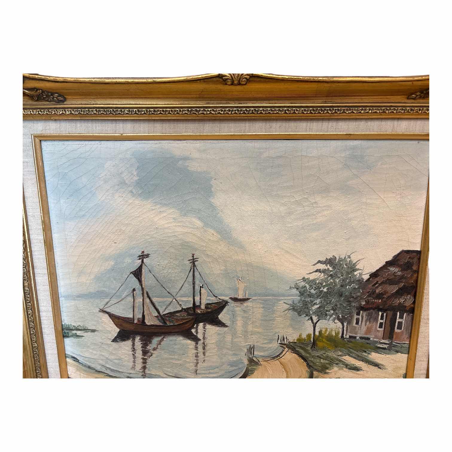 Photo 1 of FRAMED OIL PAINTING VINTAGE 1961 ORIGINAL OIL PAINTING OF MARITIME COASTAL SCENE IN ORANTE GOLD FRAME SIGNED IN HEBREW- ARTIST UNKNOWN 25”X21.25”