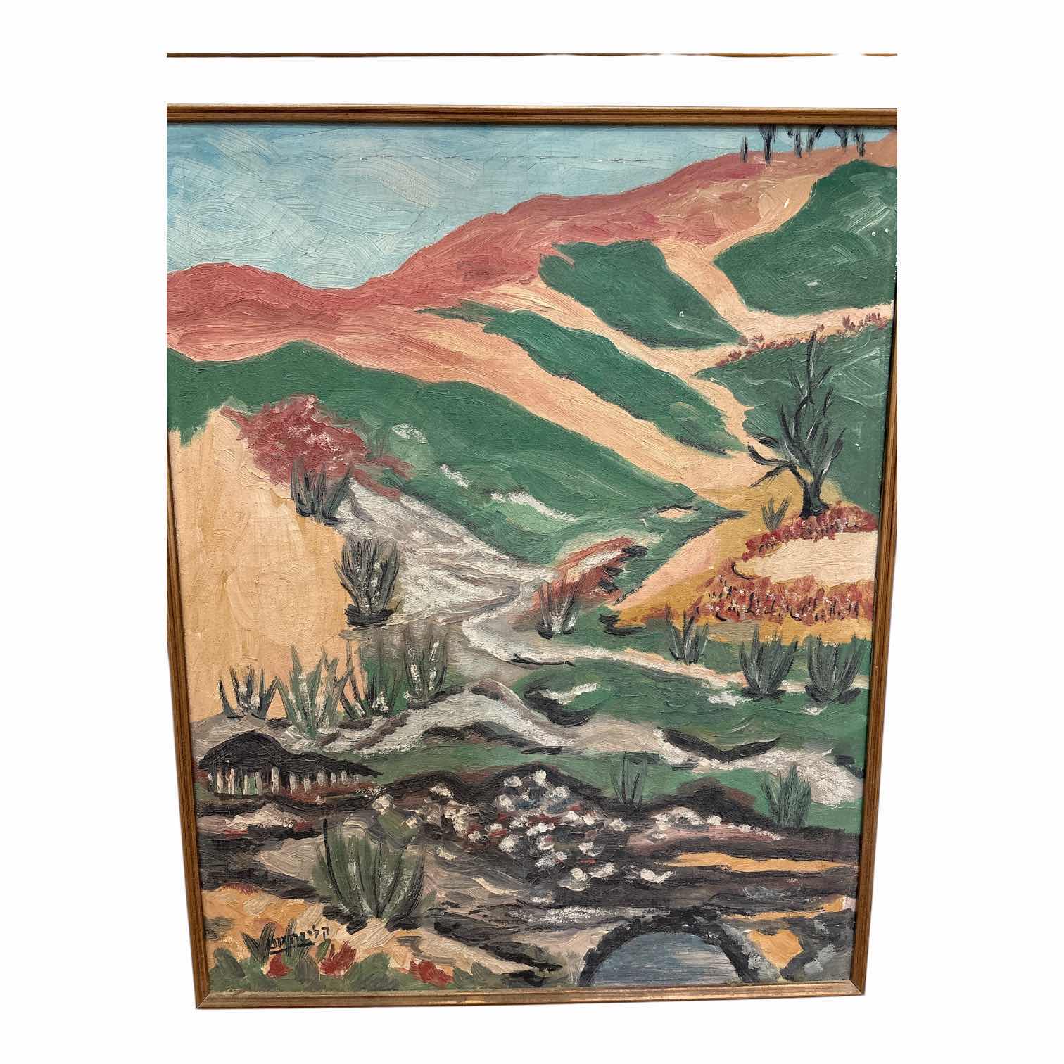 Photo 1 of FRAMED OIL PAINTING MID-CENTURY DESERT LANDSCAPE SIGNED IN HEBREW ARTIST UNKNOWN IN ORNATE GOLD FRAME 21.5”X25”