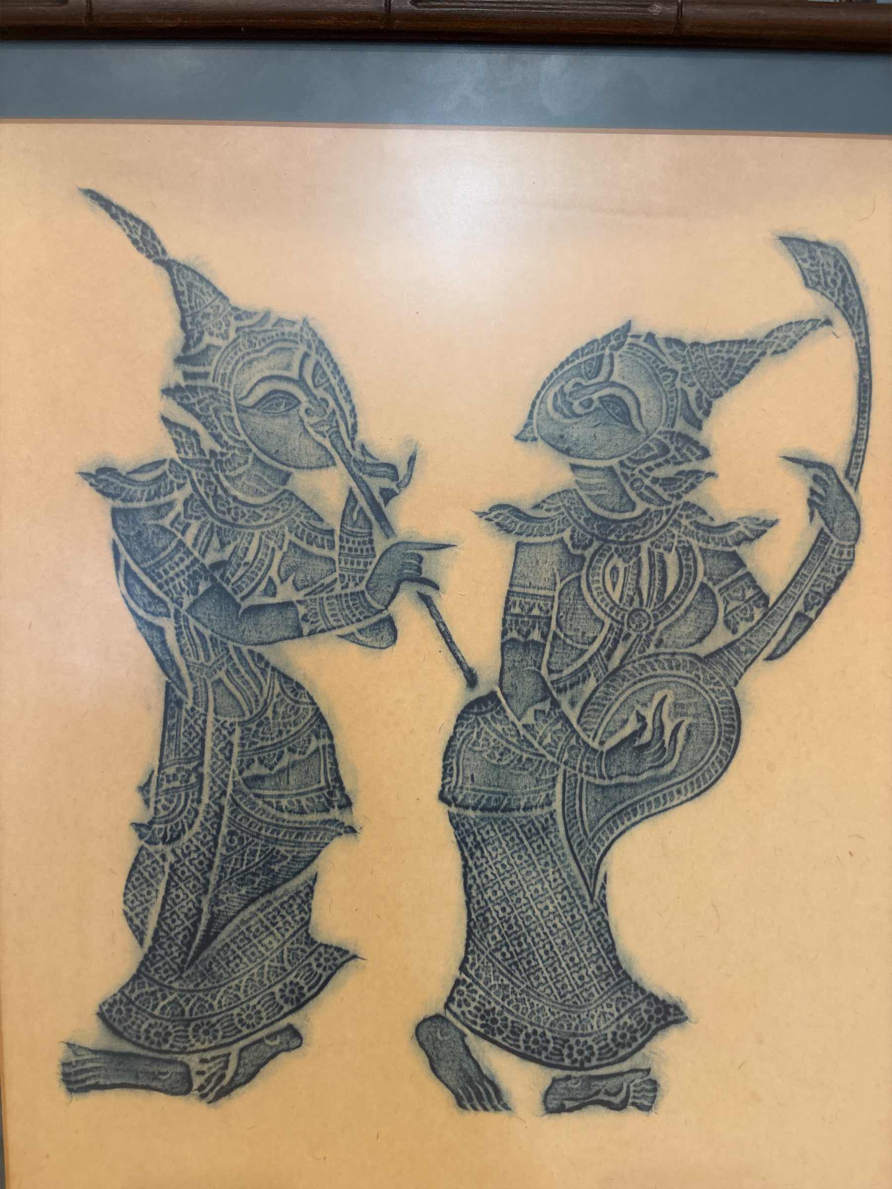 Photo 1 of VINTAGE FRAMED ARTWORK THAI TEMPLE RUBBINGS IN BLUE CHARCOAL 21”X24”