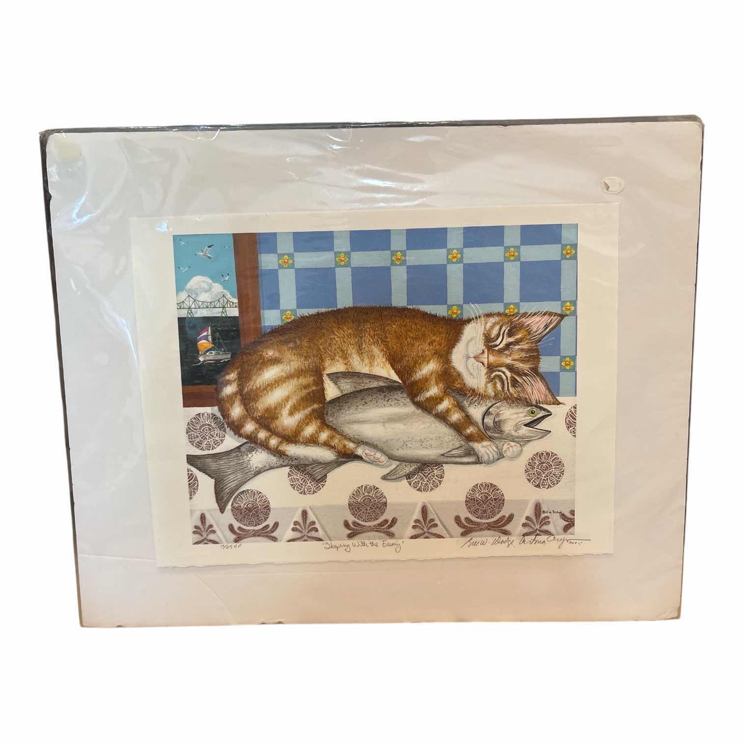 Photo 1 of AMERICAN PRINT “SLEEPING WITH THE ENEMY” TABBY CAT W/FISH SIGNED BY BILL W. DODGE #14/25 15”X11.5” W/COA