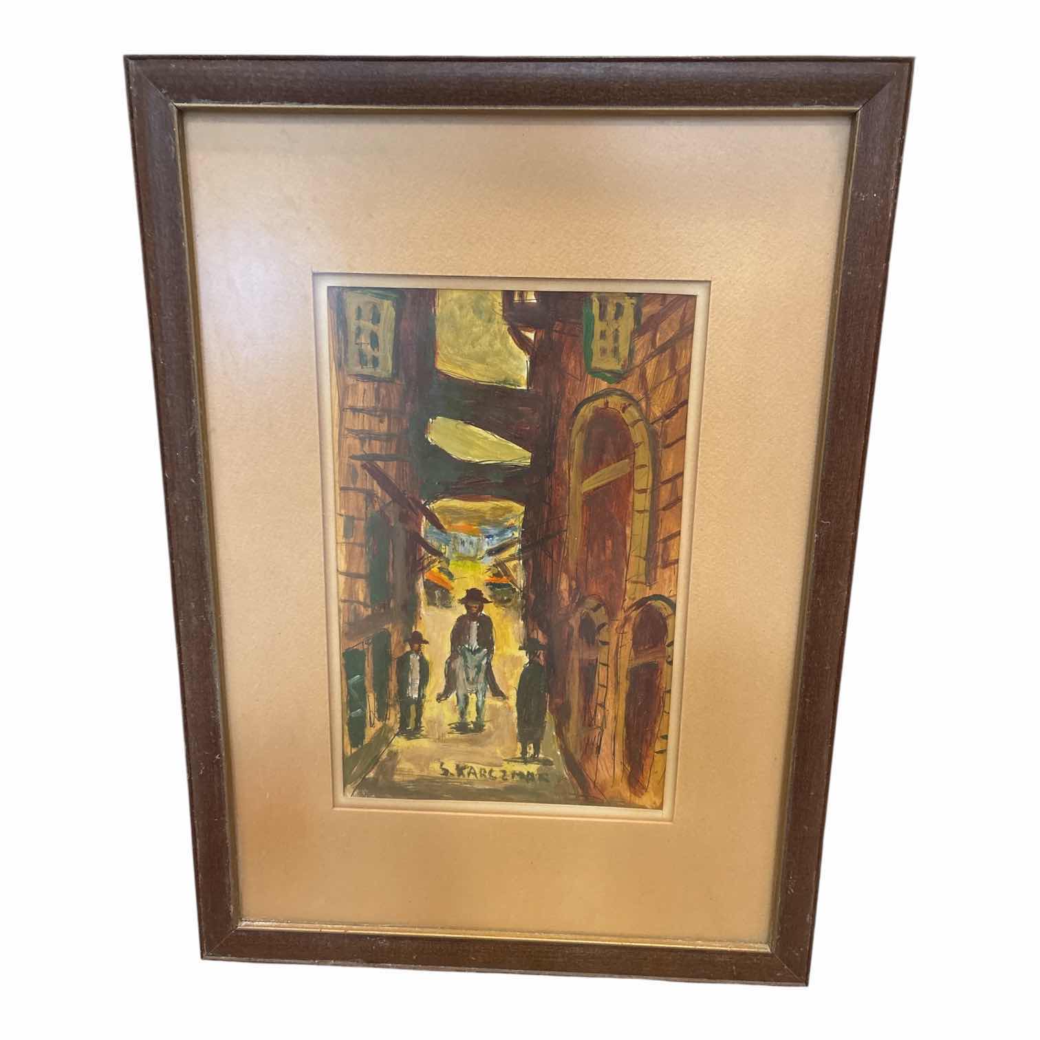 Photo 1 of FRAMED OIL PAINTING JEWISH MEN IN ALLEYWAY SIGNED BY SIMON KARCZMAR IN WOOD FRAME 15”X21”