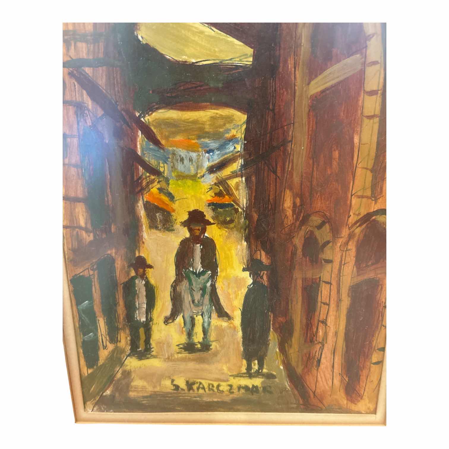 Photo 1 of FRAMED OIL PAINTING JEWISH MEN IN ALLEYWAY SIGNED BY SIMON KARCZMAR IN WOOD FRAME 15”X21”