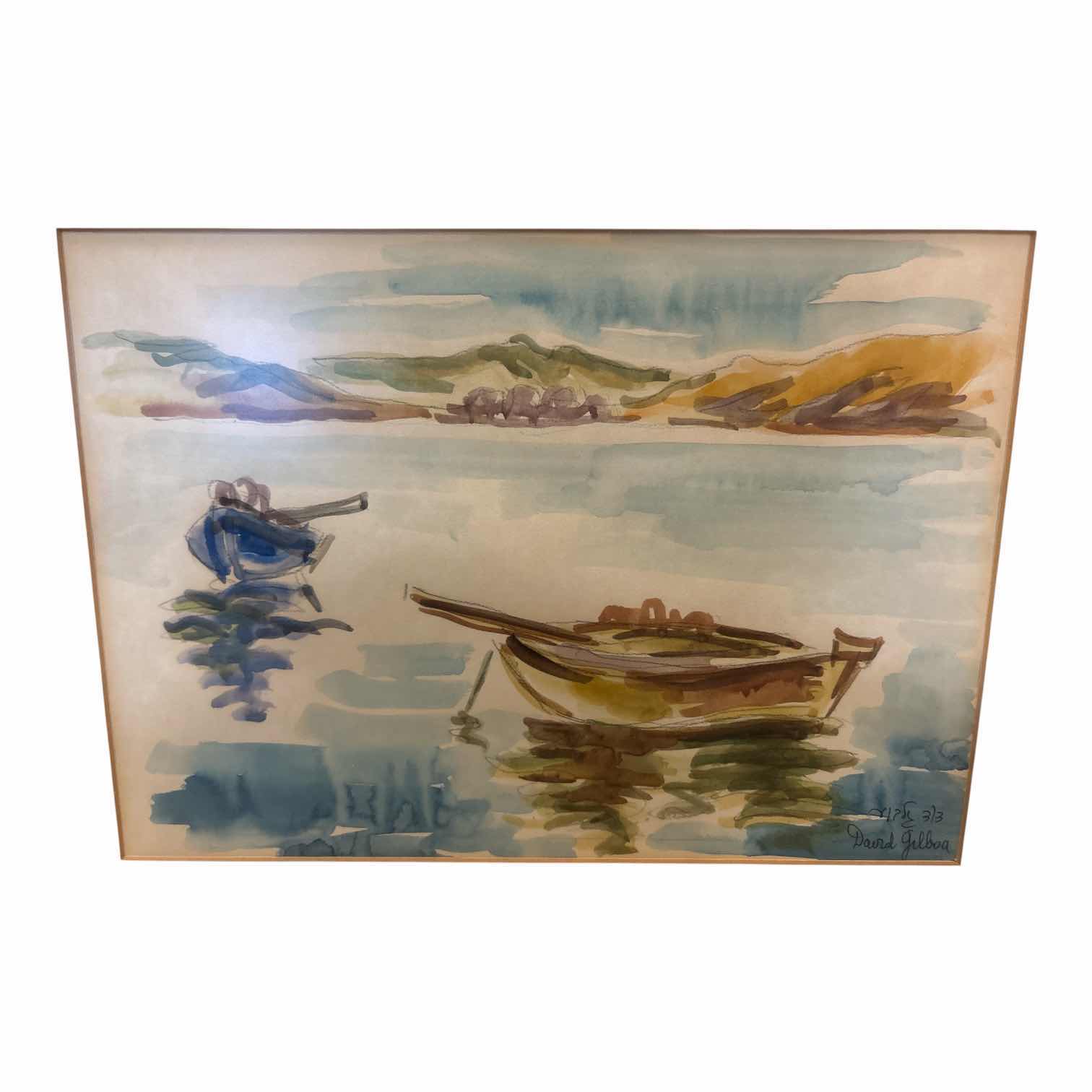 Photo 1 of VINTAGE FRAMED WATERCOLOR ART COASTAL HARBOR SCENE W/ROWBOAT SIGNED BY DAVID GILBOA 3/3 IN WOOD FRAME 17.5”X14”