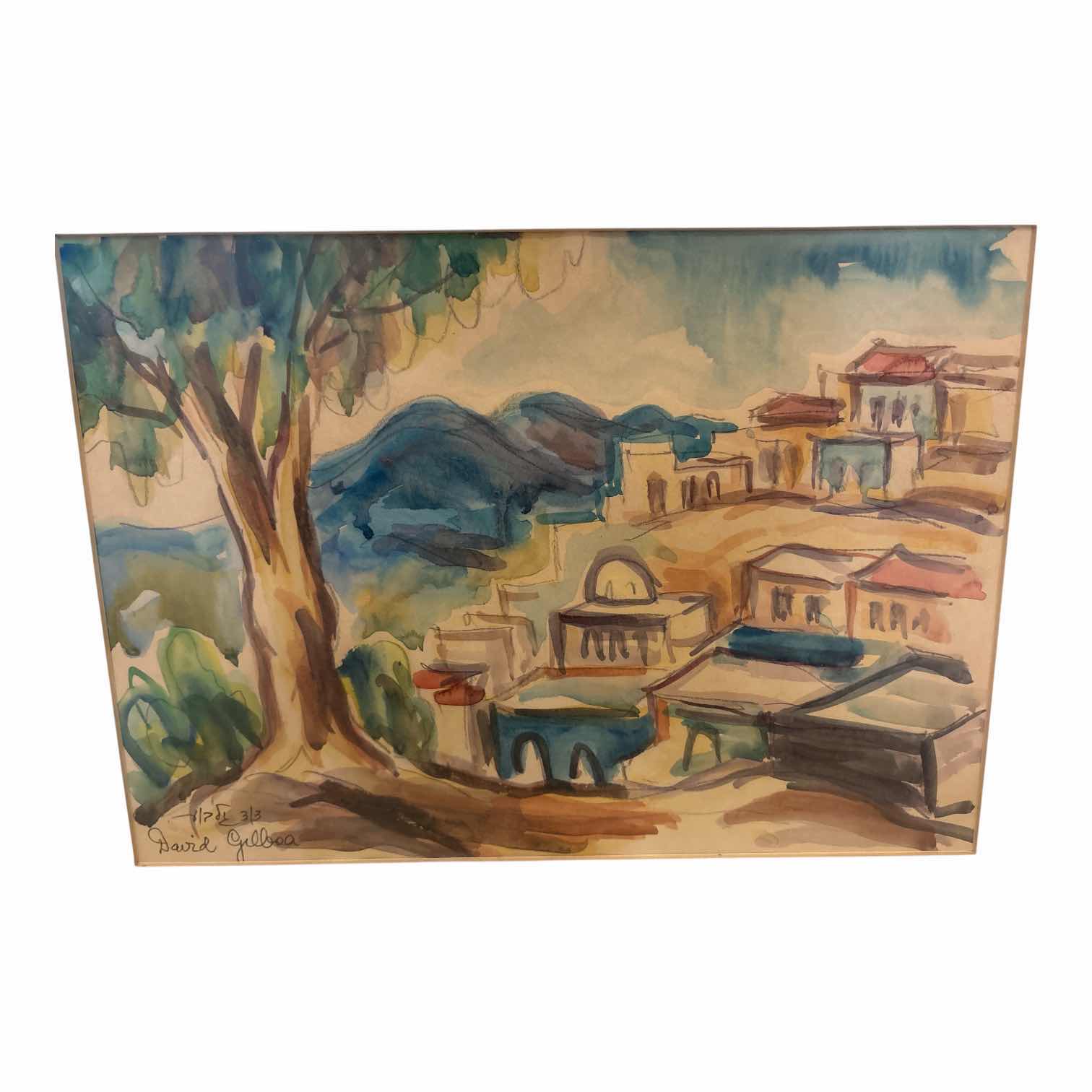 Photo 1 of VINTAGE FRAMED WATERCOLOR ISRAELI VILLAGE LANDSCAPE SIGNED BY DAVID GILBOA 3/3 IN WOOD FRAME 18”X14.5”