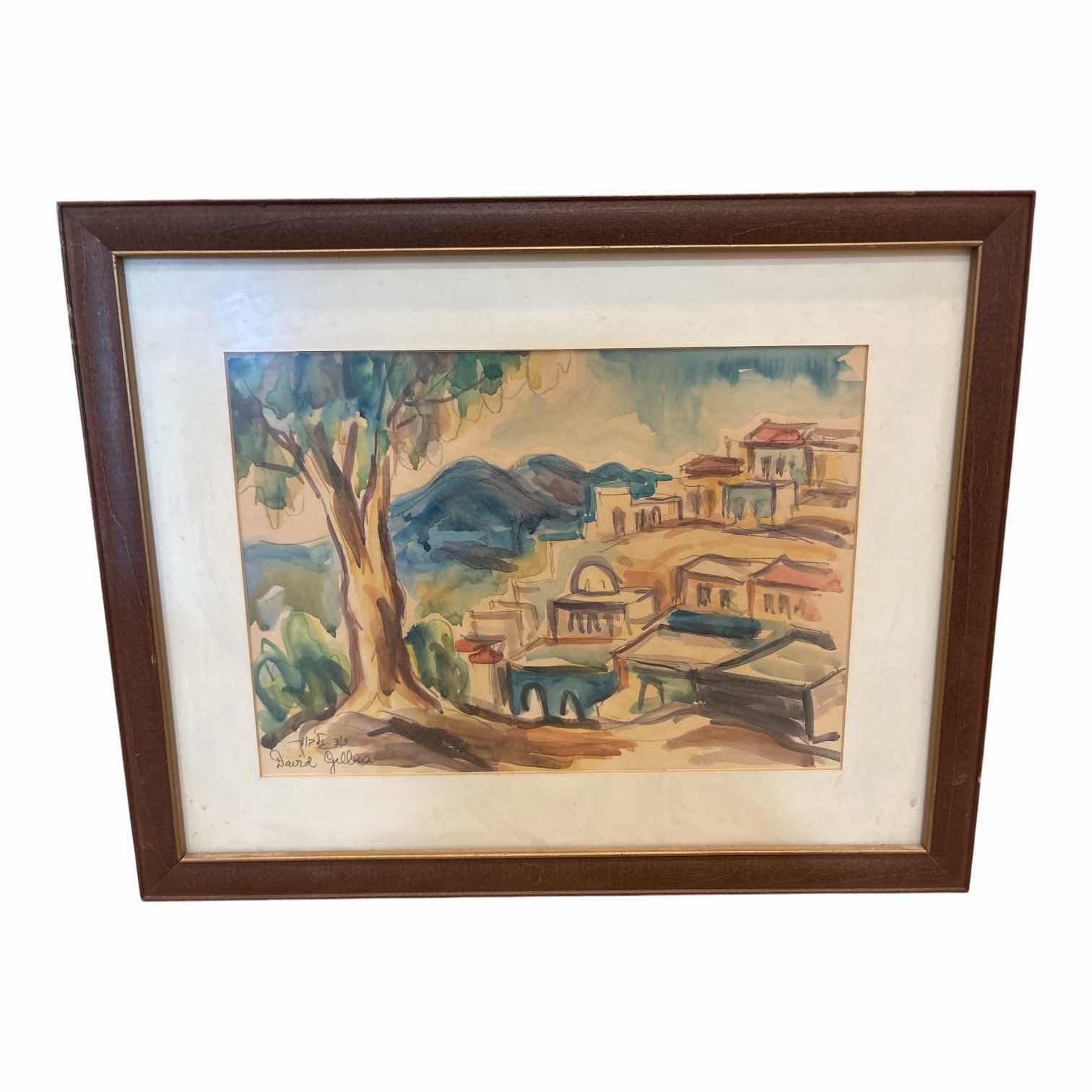 Photo 1 of VINTAGE FRAMED WATERCOLOR ISRAELI VILLAGE LANDSCAPE SIGNED BY DAVID GILBOA 3/3 IN WOOD FRAME 18”X14.5”