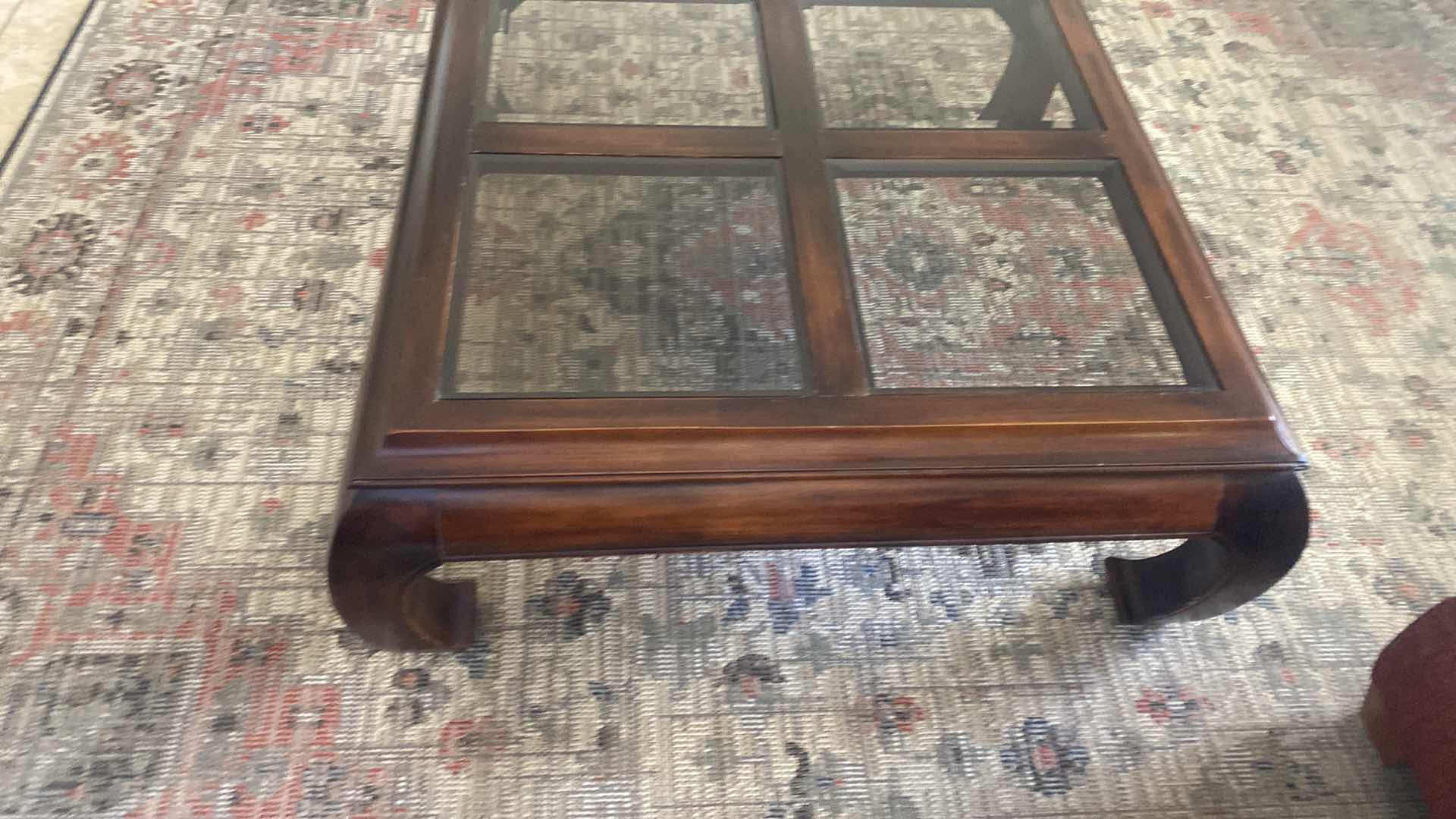 Photo 1 of DARK WOOD COFFEE TABLE WITH BEVELED GLASS TOP 40” X 40” H 16”