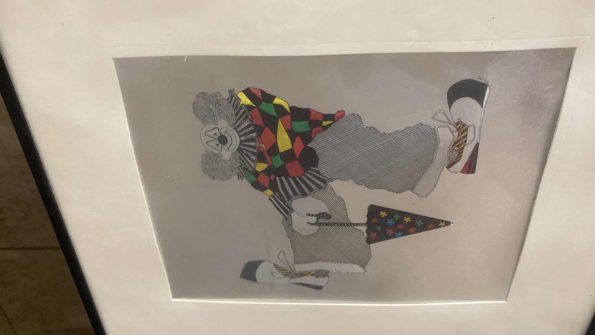 Photo 1 of FRAMED VINTAGE 1980’s KAFKA CLOWN WITH FLOWER 10” x 12”