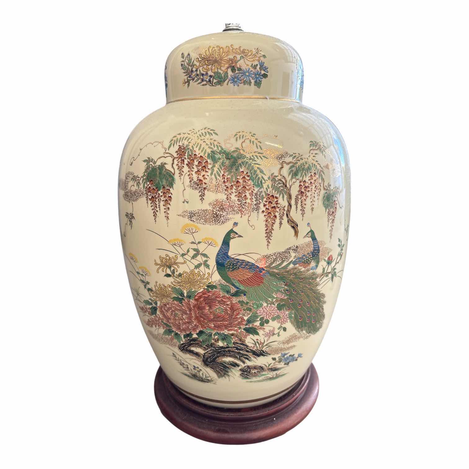 Photo 1 of VINTAGE CHINOISERIE GINGER JAR LAMP W/HAND PAINTED PEACOCK AND FLORAL MOTIF ON CREAM PORCELAIN BASE H30.5”