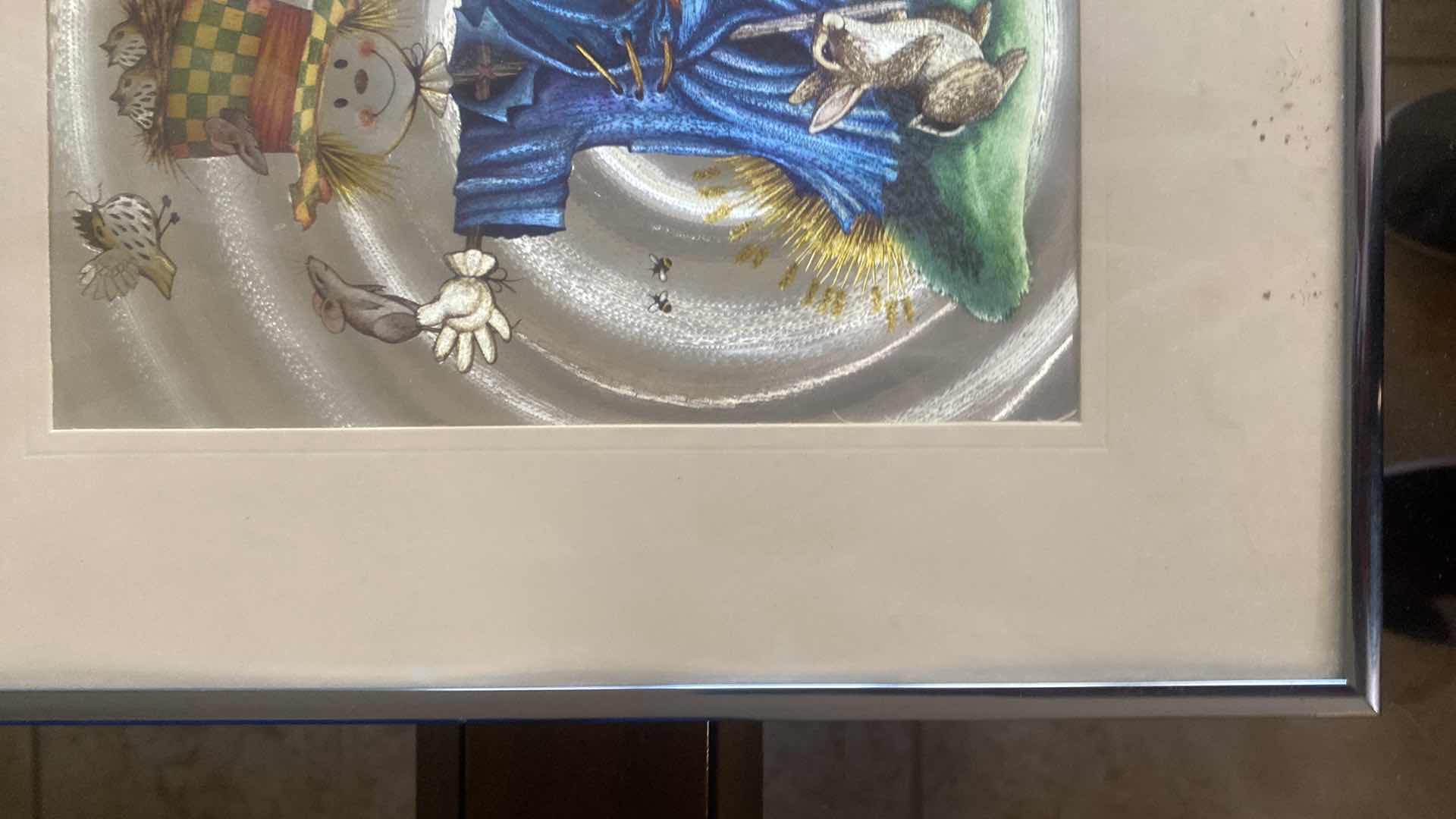 Photo 1 of FRAMED VINTAGE DEFECT FOIL, PRINT SCARECROW AND BUNNIES ARTWORK 10” X 12”