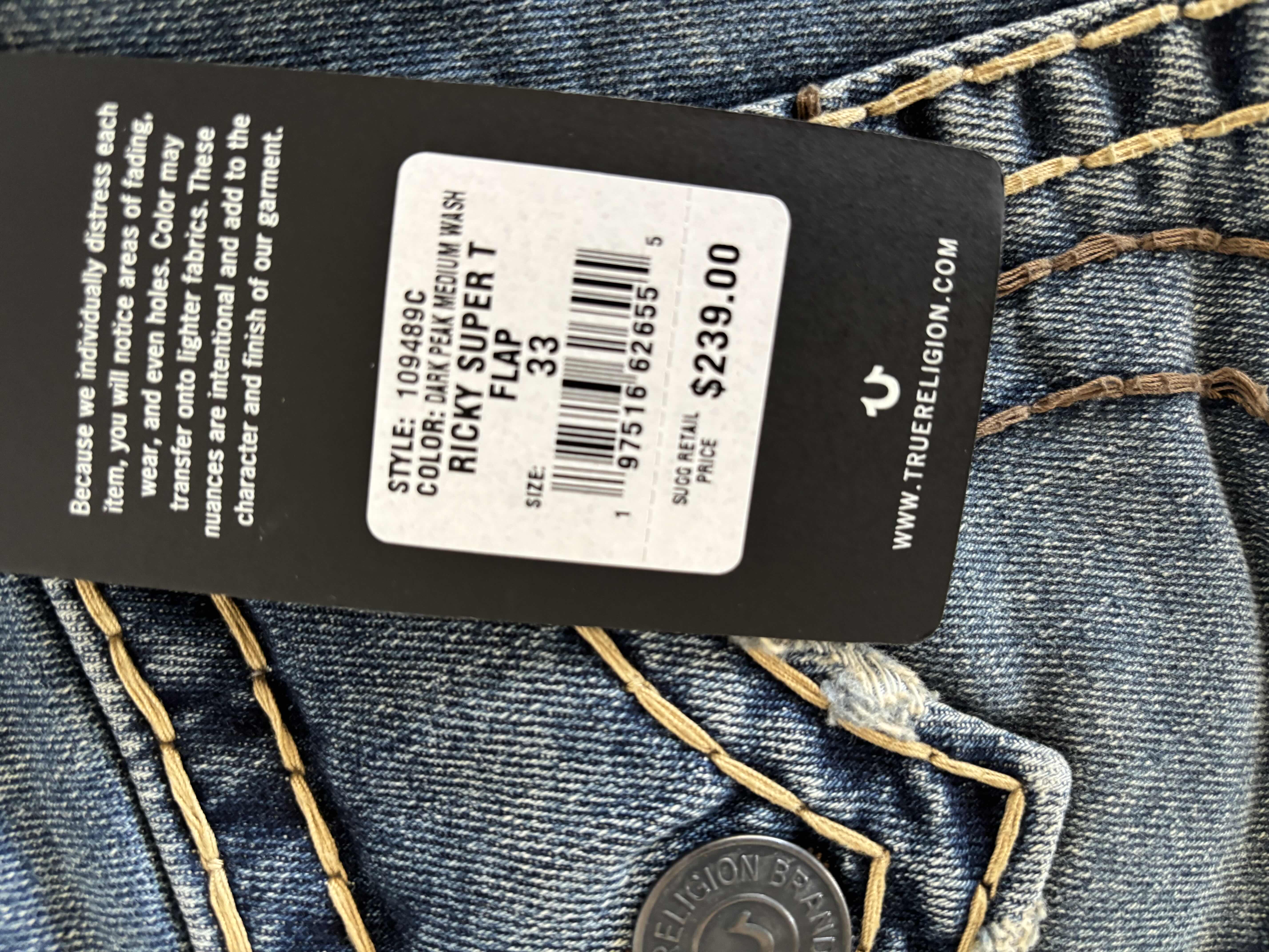 Photo 1 of $240 NWT TRUE RELIGION JEANS SIZE 33