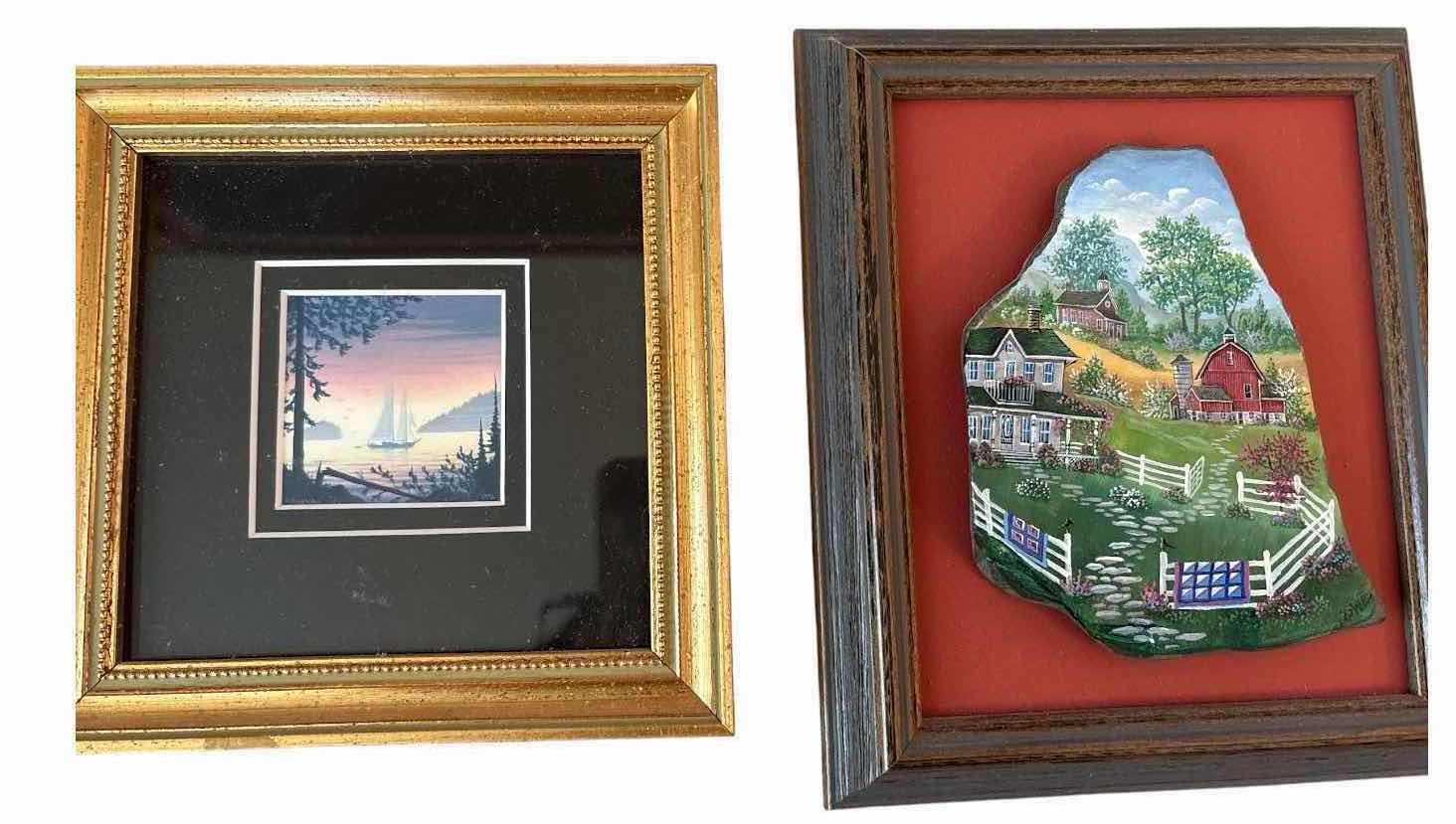 Photo 1 of (3)PCS FRAMED ARTWORK MINIATURE LANDSCAPE ARTWORKS, INCLUDING HAND-PAINTED STONE ART AND COASTAL & COUNTRYSIDE SCENES 6.5”X8”