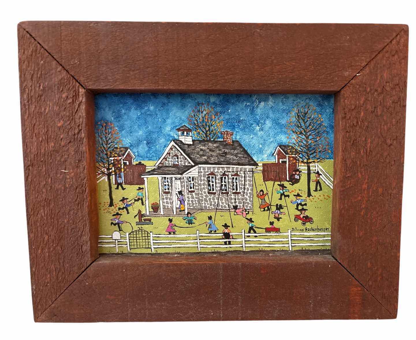 Photo 1 of FRAMED ARTWORK “SCHOOL DAYS” SIGNED BY DOLORES HACKENBERGER FOLK ART OIL PAINTING HAND-PAINTED W ORIGINAL RECEIPT 8”X10”