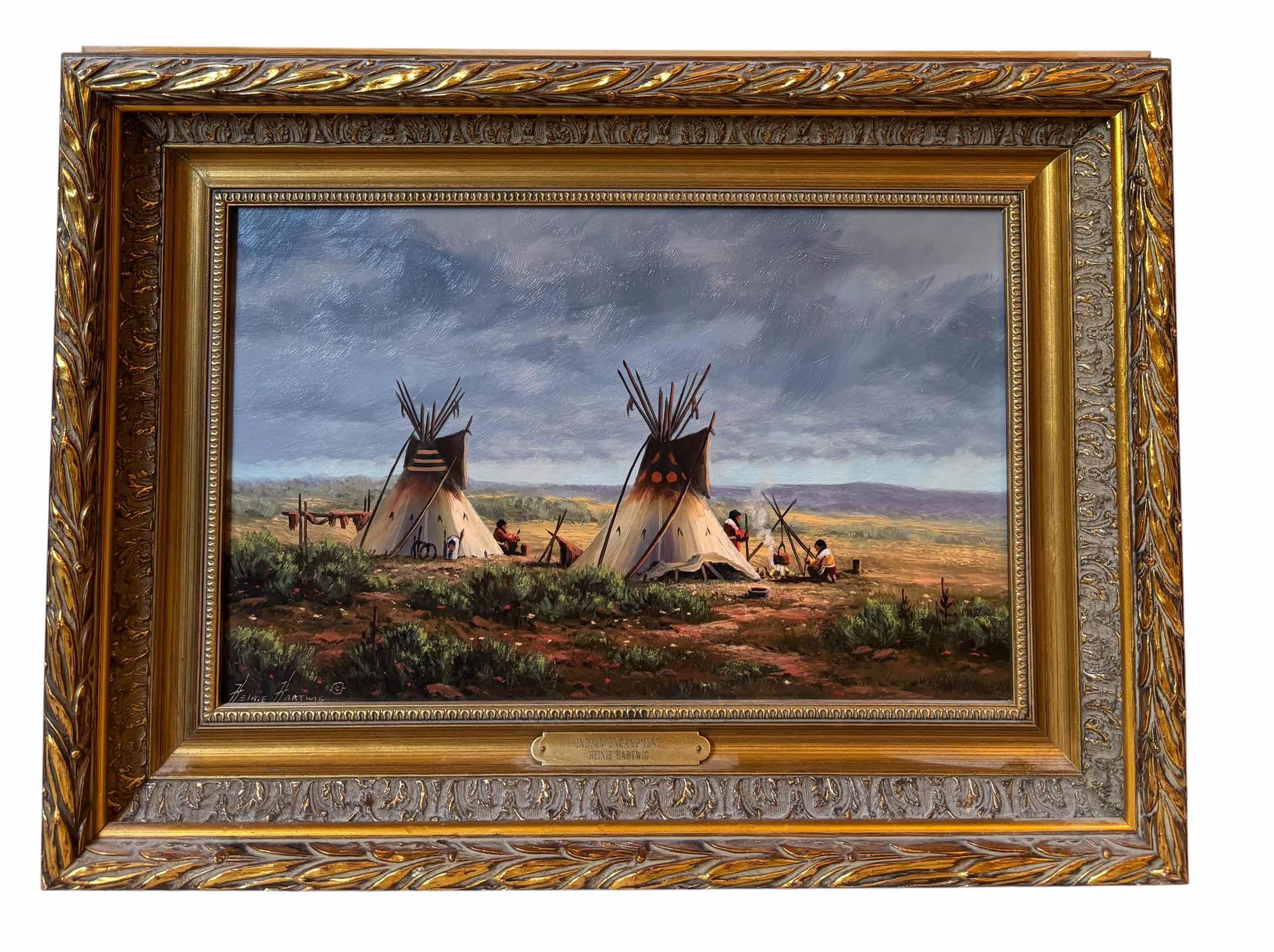 Photo 1 of INDIAN ENCAMPMENT BY HEINIE HARTWIG OIL PAINTING 19” X H14” WITH ORIGINAL PURCHASE RECEIPT & APPRAISAL LETTER