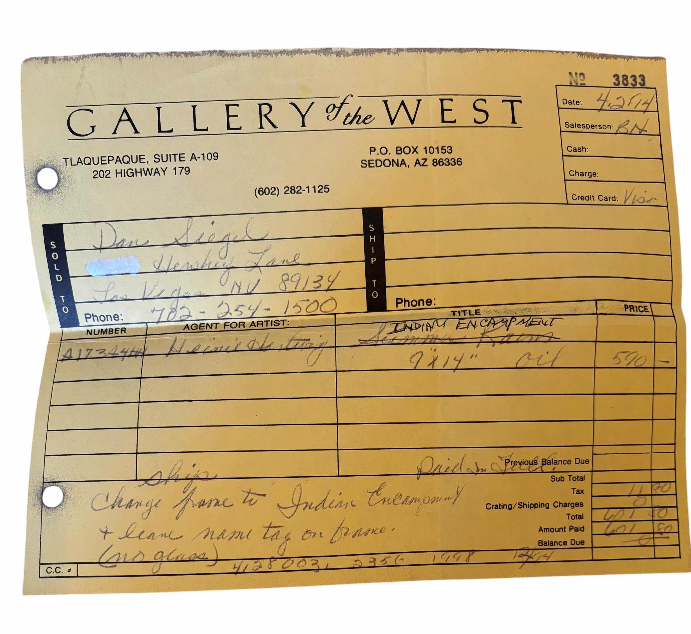 Photo 1 of INDIAN ENCAMPMENT BY HEINIE HARTWIG OIL PAINTING 19” X H14” WITH ORIGINAL PURCHASE RECEIPT & APPRAISAL LETTER