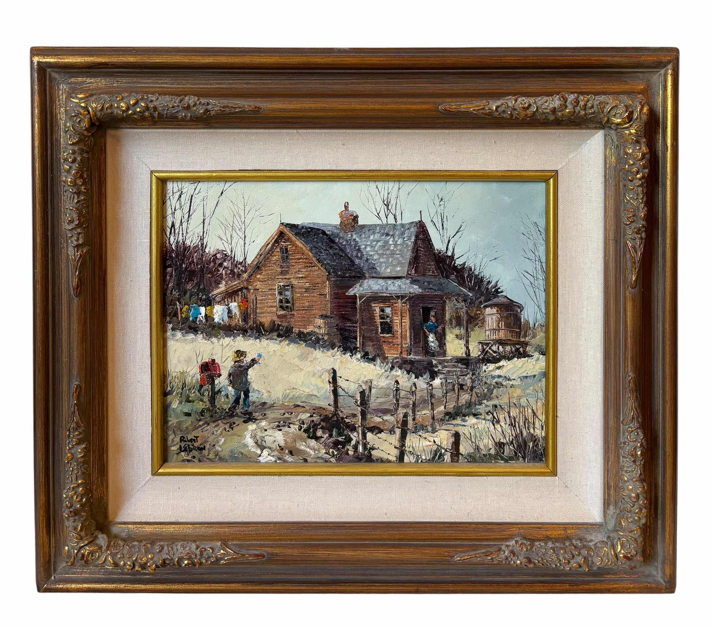 Photo 1 of NEW ENGLAND FARM BY ROBERT LEBRON OIL PAINTING 19” X H17” WITH ORIGINAL PURCHASE RECEIPT & APPRAISAL OF VALUE