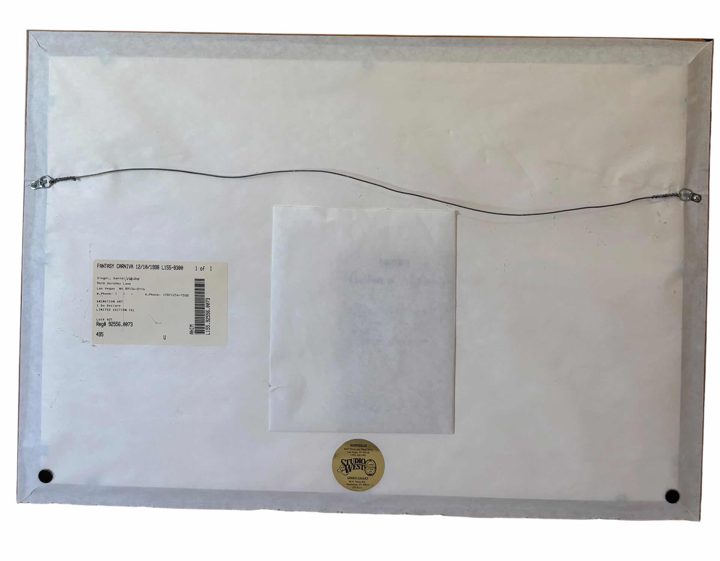 Photo 1 of LIMITED EDITION I DO DECLARE ANIMATION CEL 33” X H23” WITH ORIGINAL PURCHASE RECEIPT