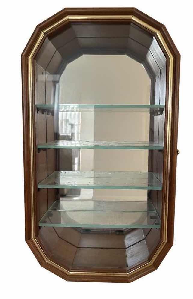 Photo 1 of VINTAGE SMC WOOD WALL-MOUNT CURIO DISPLAY CABINET WITH GLASS SHELVES, MIRRORED BACK & LOCKING GLASS DOOR 10.25”X5”H19”