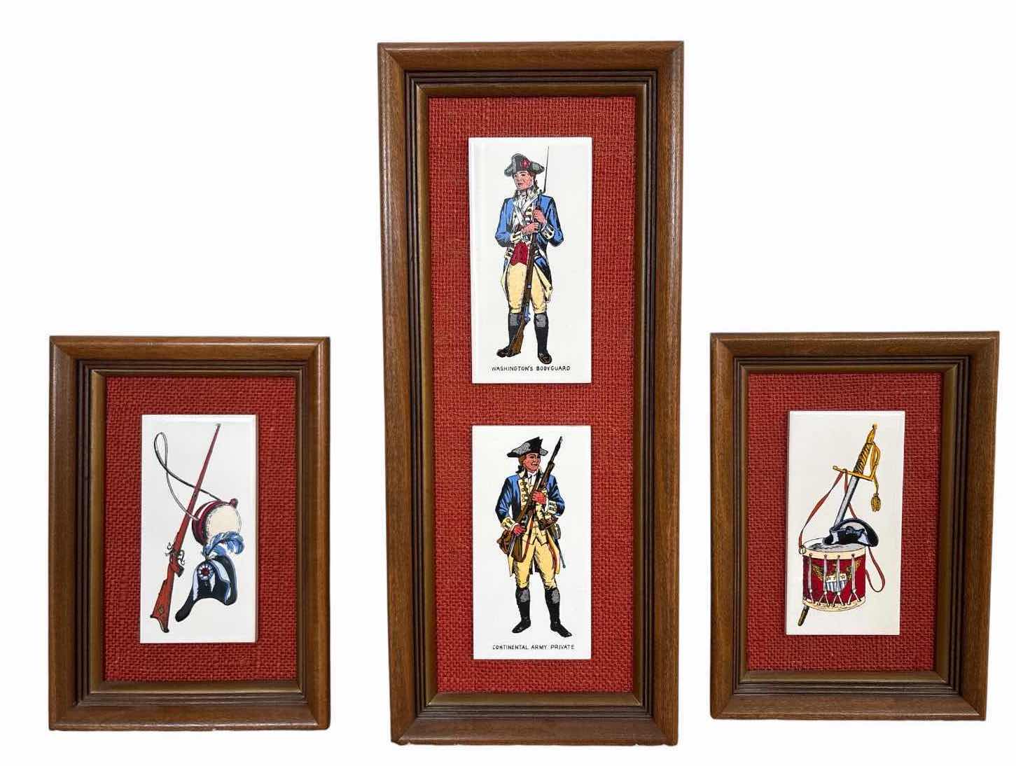 Photo 1 of (3)PCS FRAMED REVOLUTIONARY WAR MILITARY PRINTS WITH RED BURLAP MATS INCLUDING WASHINGTON’S BODYGUARD, CONTINENTAL ARMY PRIVATE & MILITARY EQUIPMENT 7.5”X17.5”