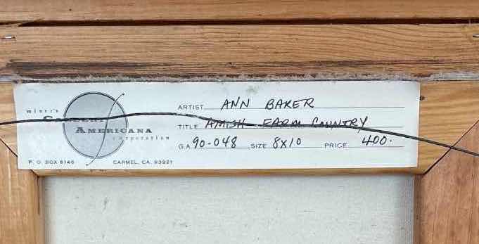Photo 1 of FRAMED ARTWORK ANN BAKER “AMISH FARM COUNTRY” ORIGINAL OIL PAINTING DEPICTING A DETAILED PENNSYLVANIA DUTCH/AMISH FARM LANDSCAPE GALLERY AMERICANA LABEL ON VERSO W ORIGINAL PURCHASE RECEIPT 15.5”X15”
