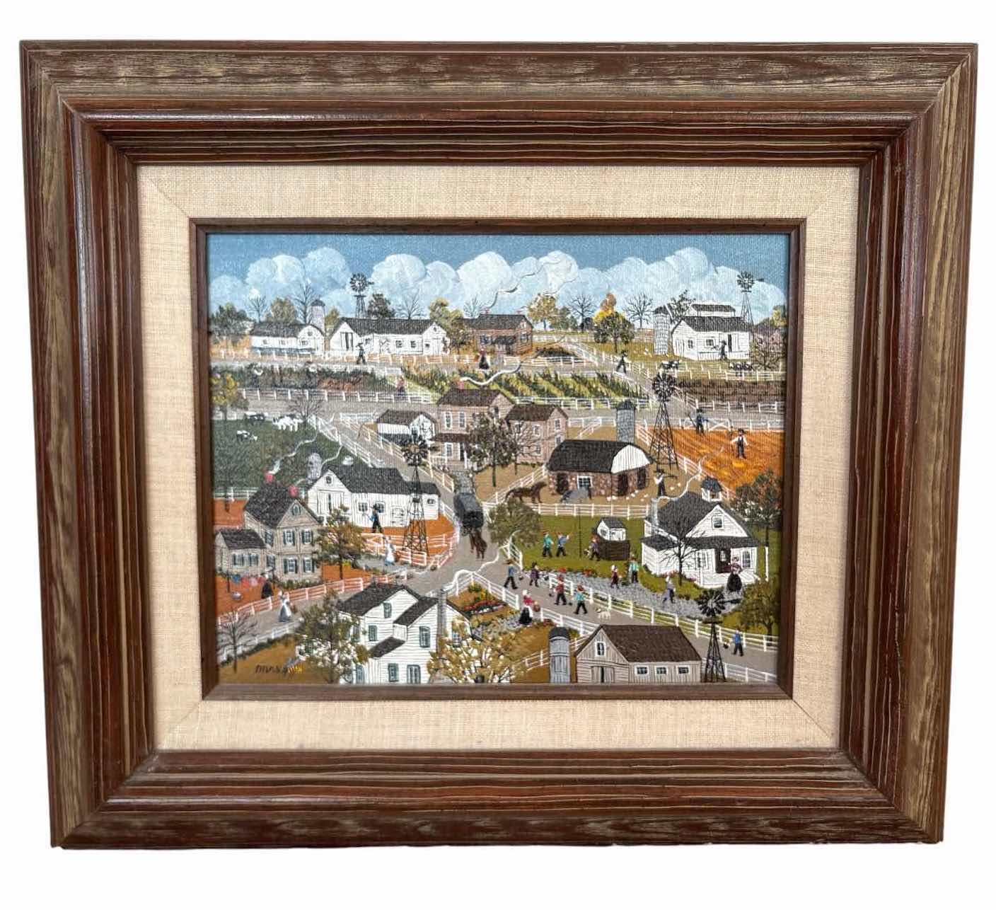 Photo 1 of FRAMED ARTWORK ANN BAKER “AMISH FARM COUNTRY” ORIGINAL OIL PAINTING DEPICTING A DETAILED PENNSYLVANIA DUTCH/AMISH FARM LANDSCAPE GALLERY AMERICANA LABEL ON VERSO W ORIGINAL PURCHASE RECEIPT 15.5”X15”