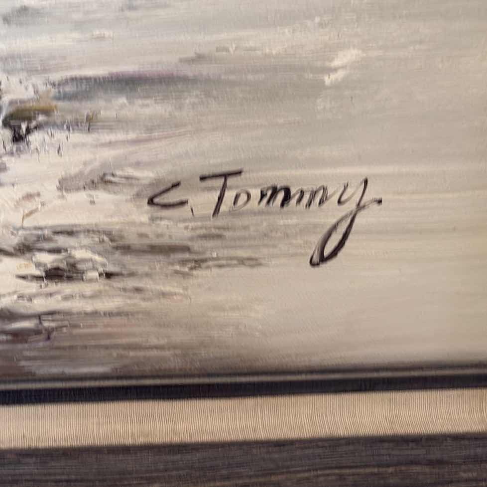 Photo 1 of FRAMED ORIGINAL WINTER LANDSCAPE OIL PAINTING, SIGNED “C. TOMMY,” FEATURING A SNOW-COVERED CABIN, FOREST, AND CREEK IN A TEXTURED IMPASTO STYLE 42”X31”