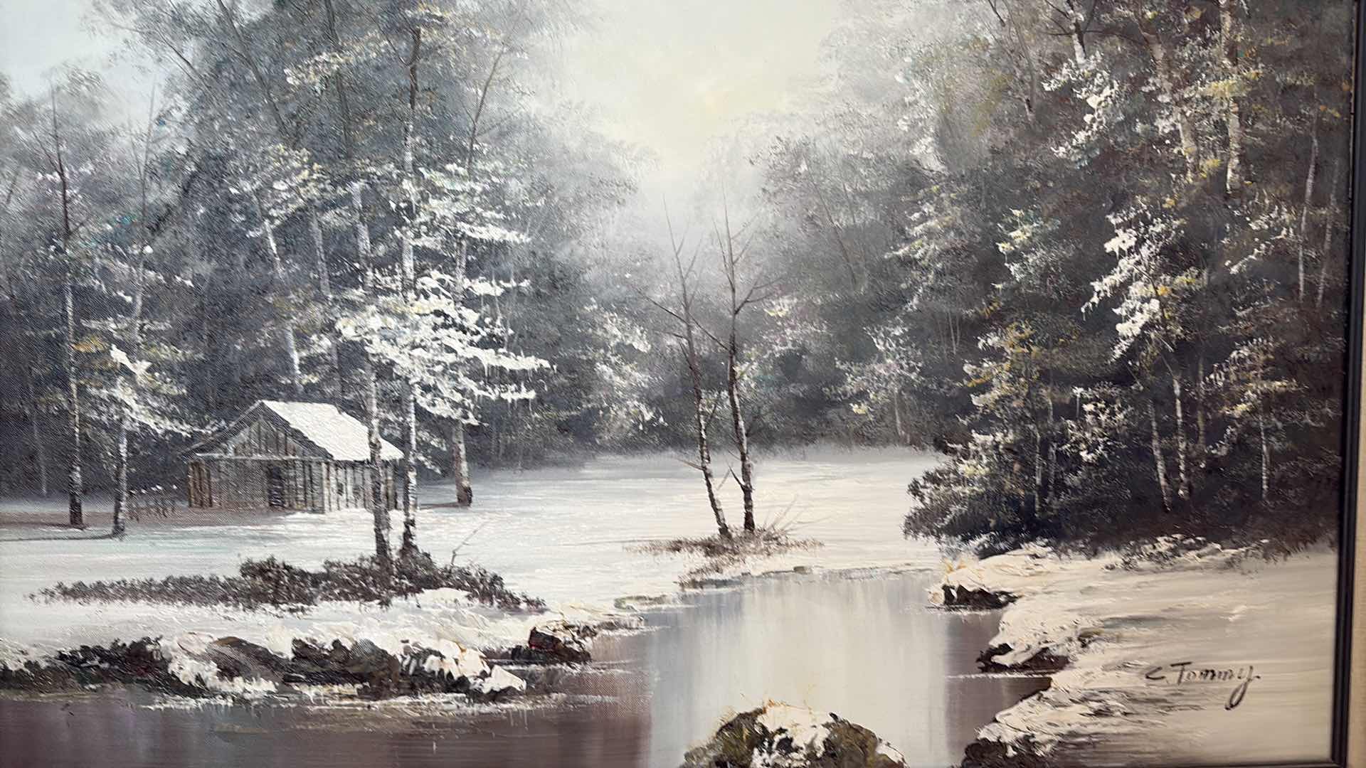 Photo 1 of FRAMED ORIGINAL WINTER LANDSCAPE OIL PAINTING, SIGNED “C. TOMMY,” FEATURING A SNOW-COVERED CABIN, FOREST, AND CREEK IN A TEXTURED IMPASTO STYLE 42”X31”