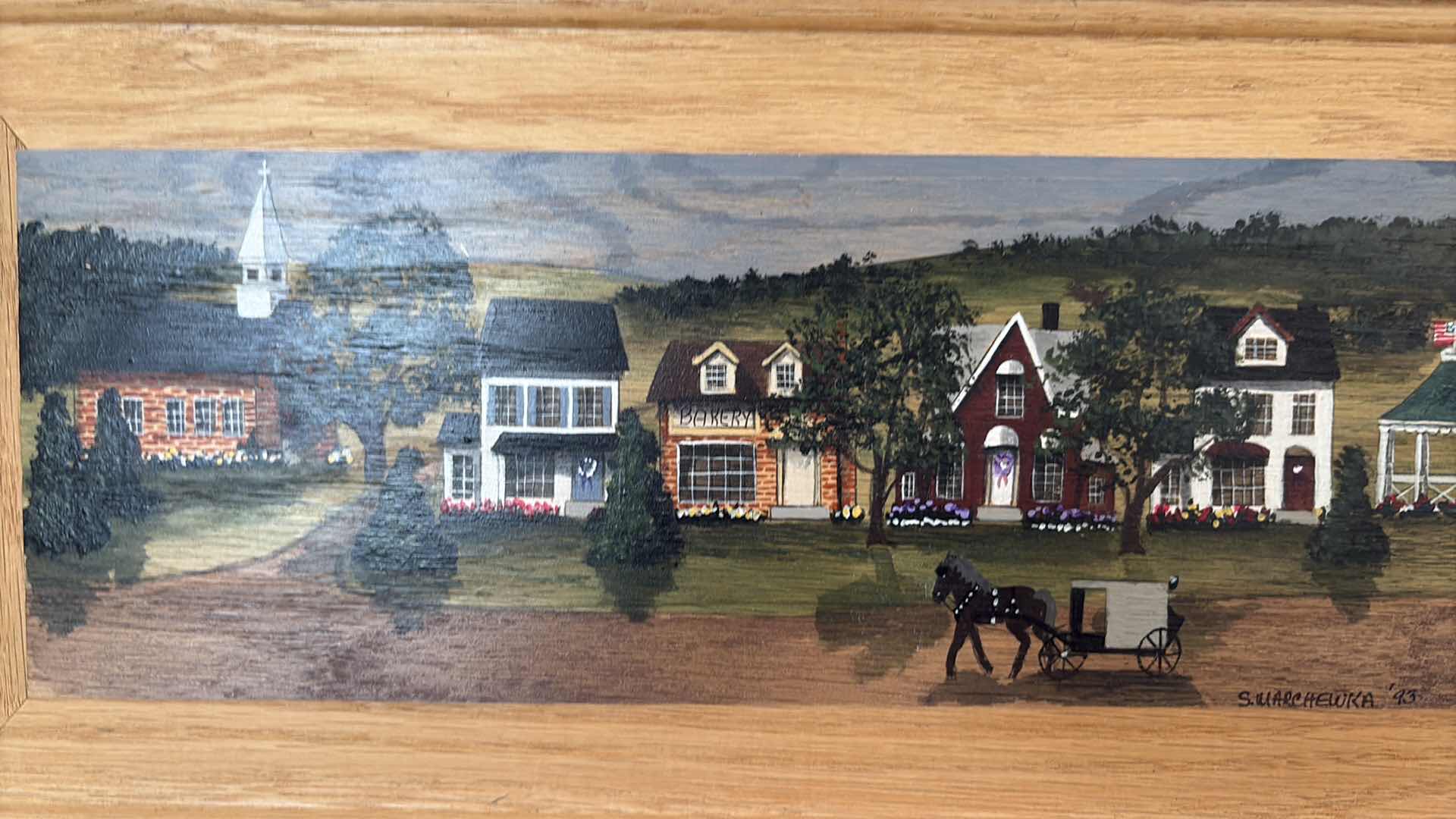 Photo 1 of FRAMED ARTWORK ORIGINAL SUSAN MARCHEWKA AMISH FOLK ART OIL PAINTING FEATURING A RURAL VILLAGE SCENE WITH HORSE-DRAWN BUGGY 16.5”X9.5”