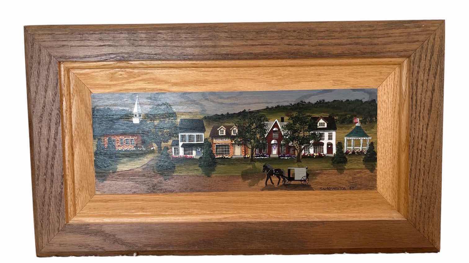 Photo 1 of FRAMED ARTWORK ORIGINAL SUSAN MARCHEWKA AMISH FOLK ART OIL PAINTING FEATURING A RURAL VILLAGE SCENE WITH HORSE-DRAWN BUGGY 16.5”X9.5”